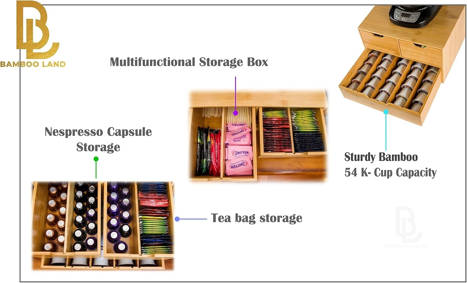 Elegant Extra Large Bamboo Coffee Pod Organizer with Sliding Drawers - 2 Tiers