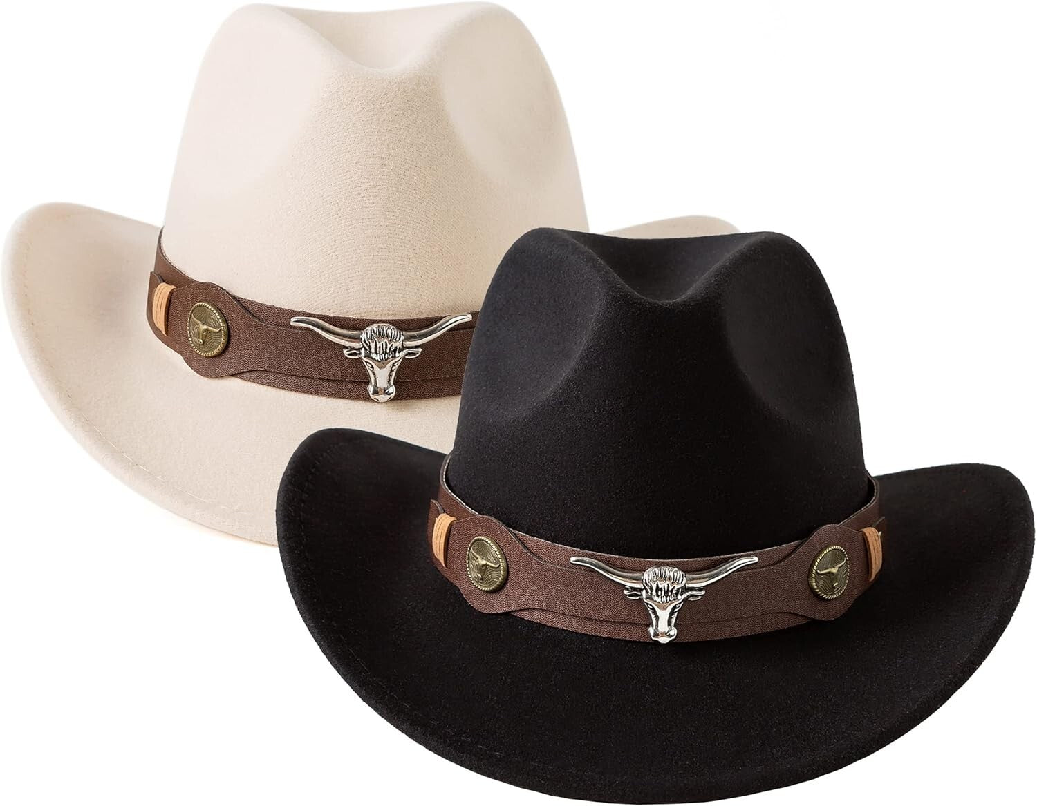 Chic 2 Pack Women's Western Style Hats with Faux Leather Band & Fashion Flair