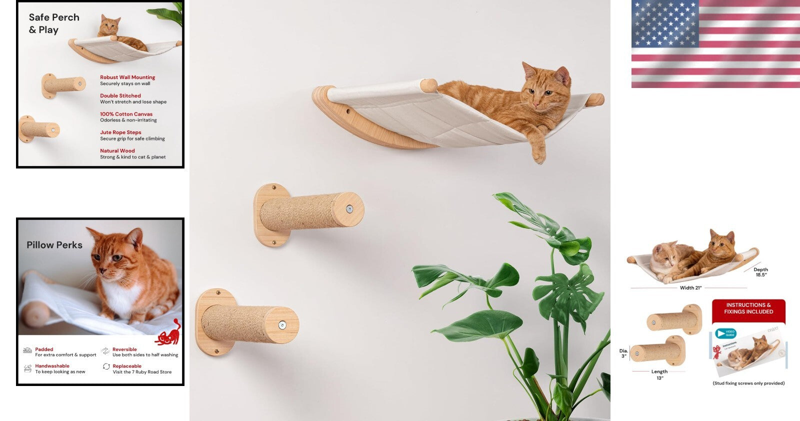 Premium Wall Cat Hammock with Two Steps - Support for Cats of All Sizes