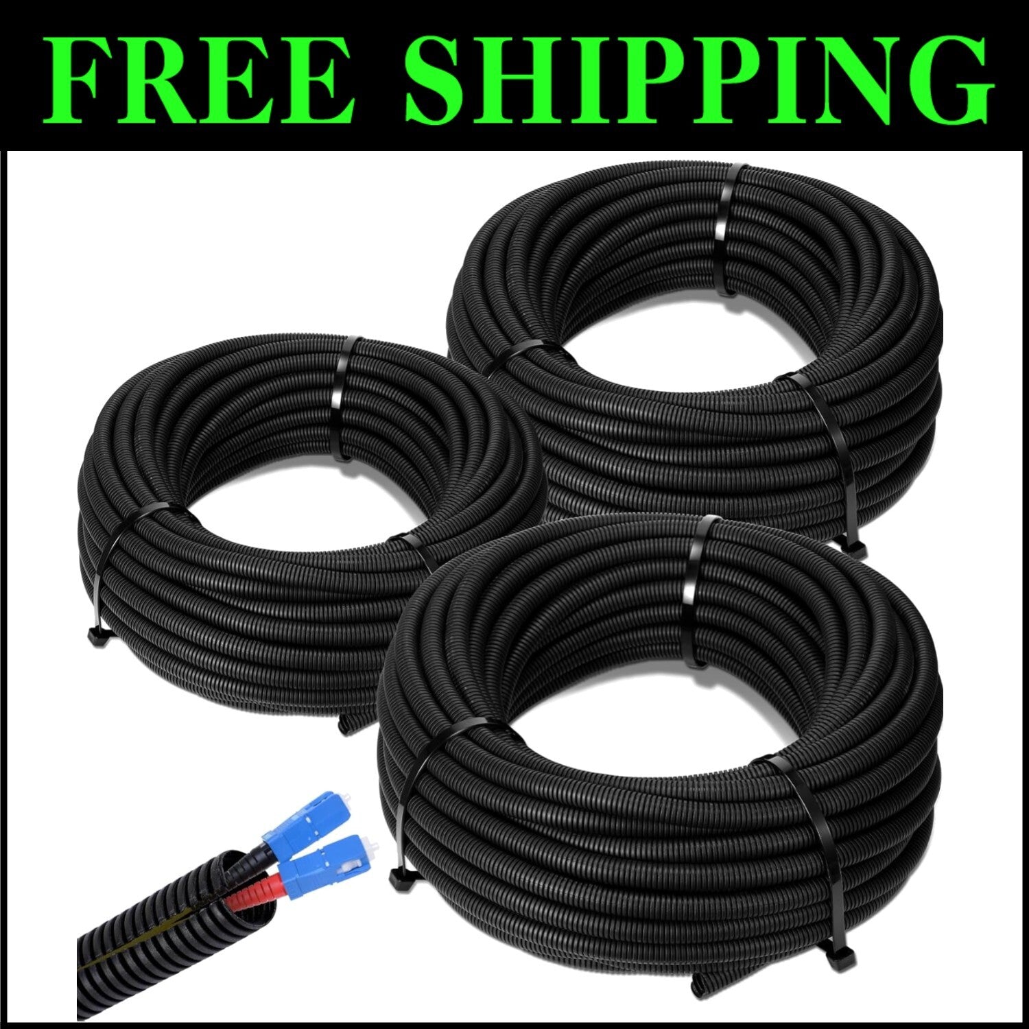 3-Pack Black Wire Loom Tubing 1/4" 1/2" 3/8" x 100 Ft - Self-Adhesive Protection