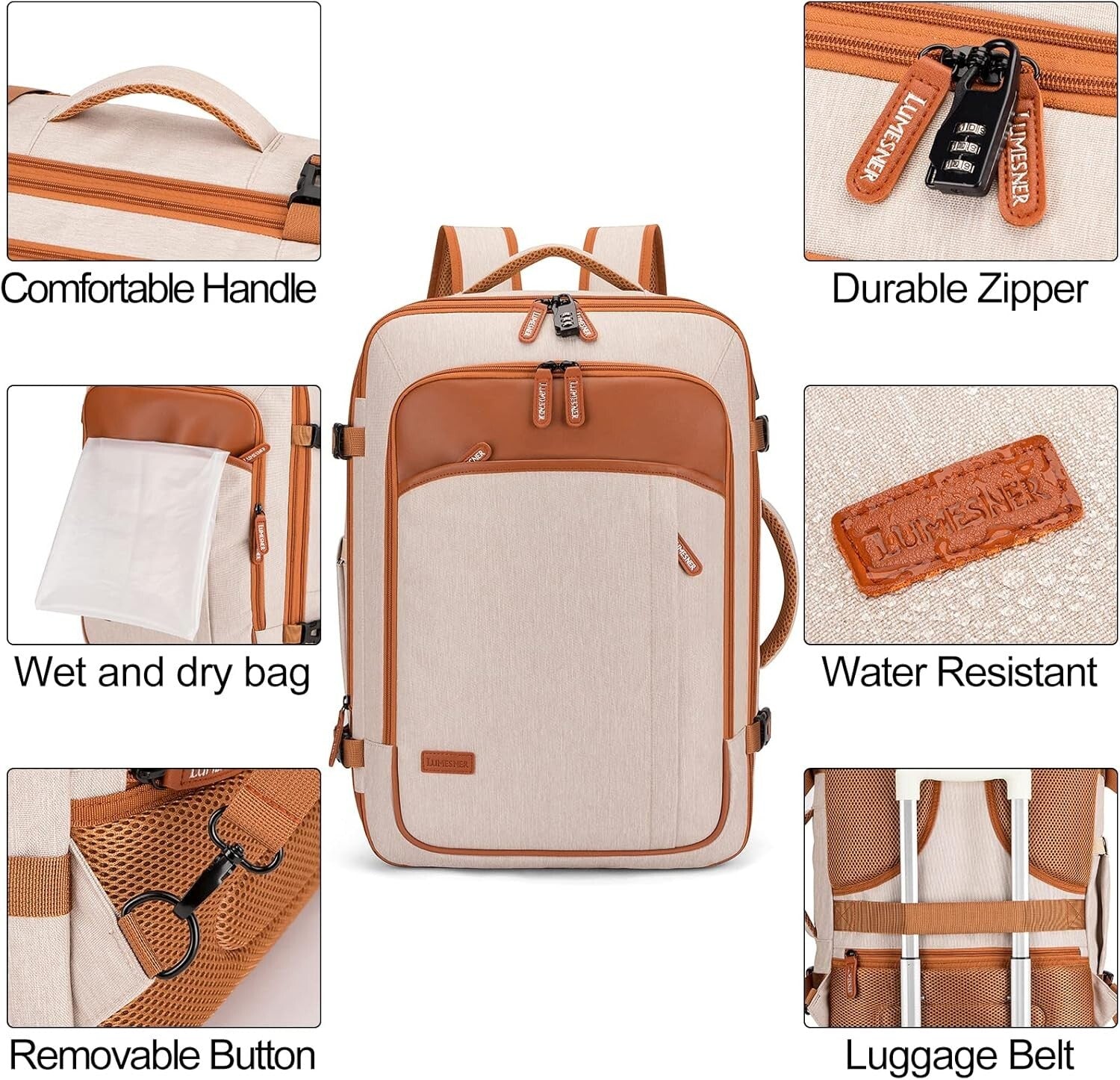 Expandable 40L Travel Backpack for Men & Women - Water Resistant & Stylish Beige