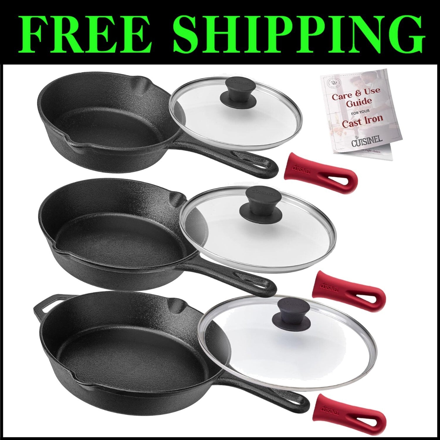 Induction Compatible 3-Piece Skillet Set - Cast Iron with Silicone Handles