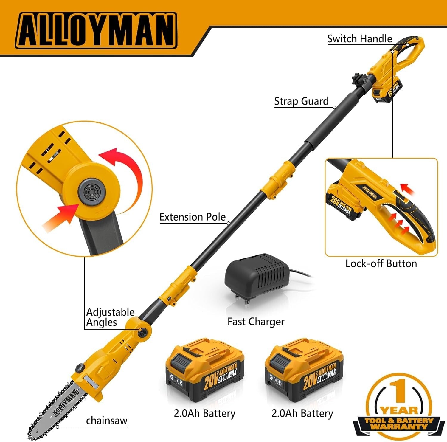 Efficient 20V Electric Pole Saw - 8-Inch Blade & Automatic Chain Lubrication