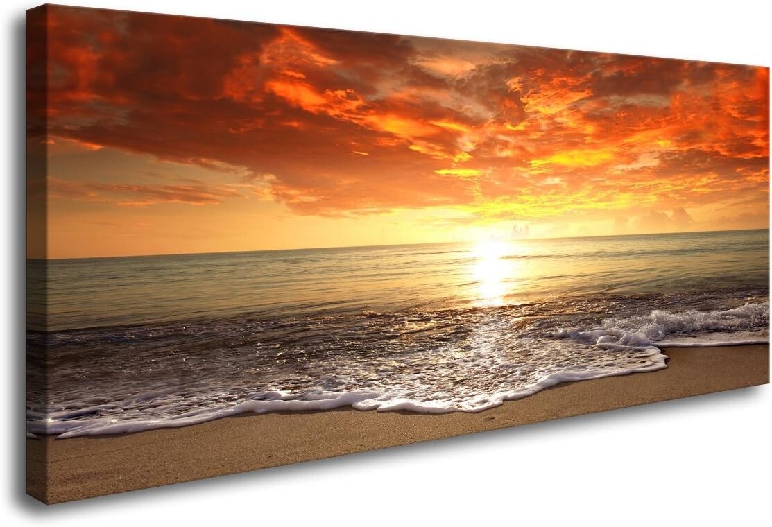 Elegant Framed Ocean Sunset Giclee Artwork - Ready to Hang 20x40 Inch Canvas