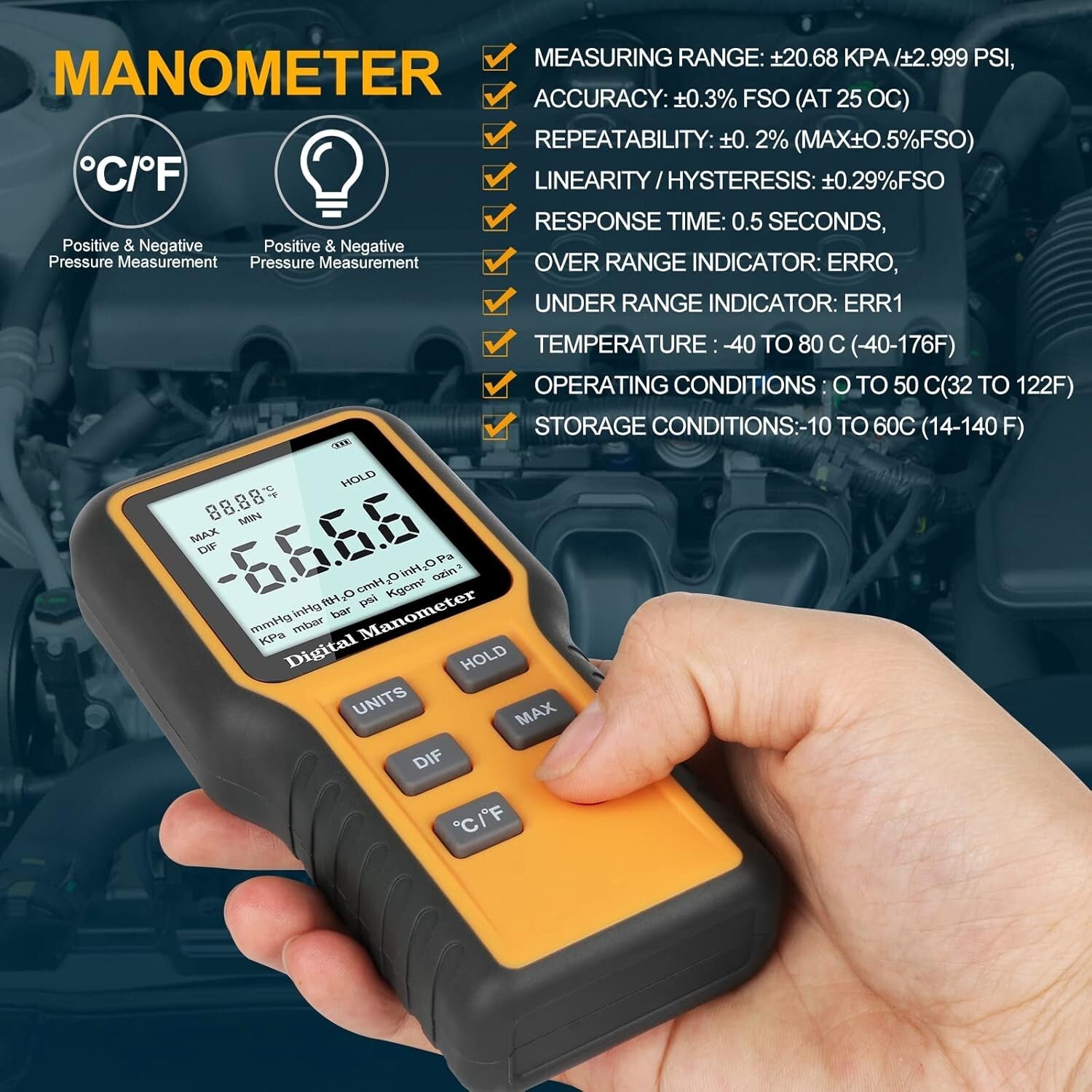 Professional Dual-Port Digital Manometer - 12 Units Gas Pressure Tester