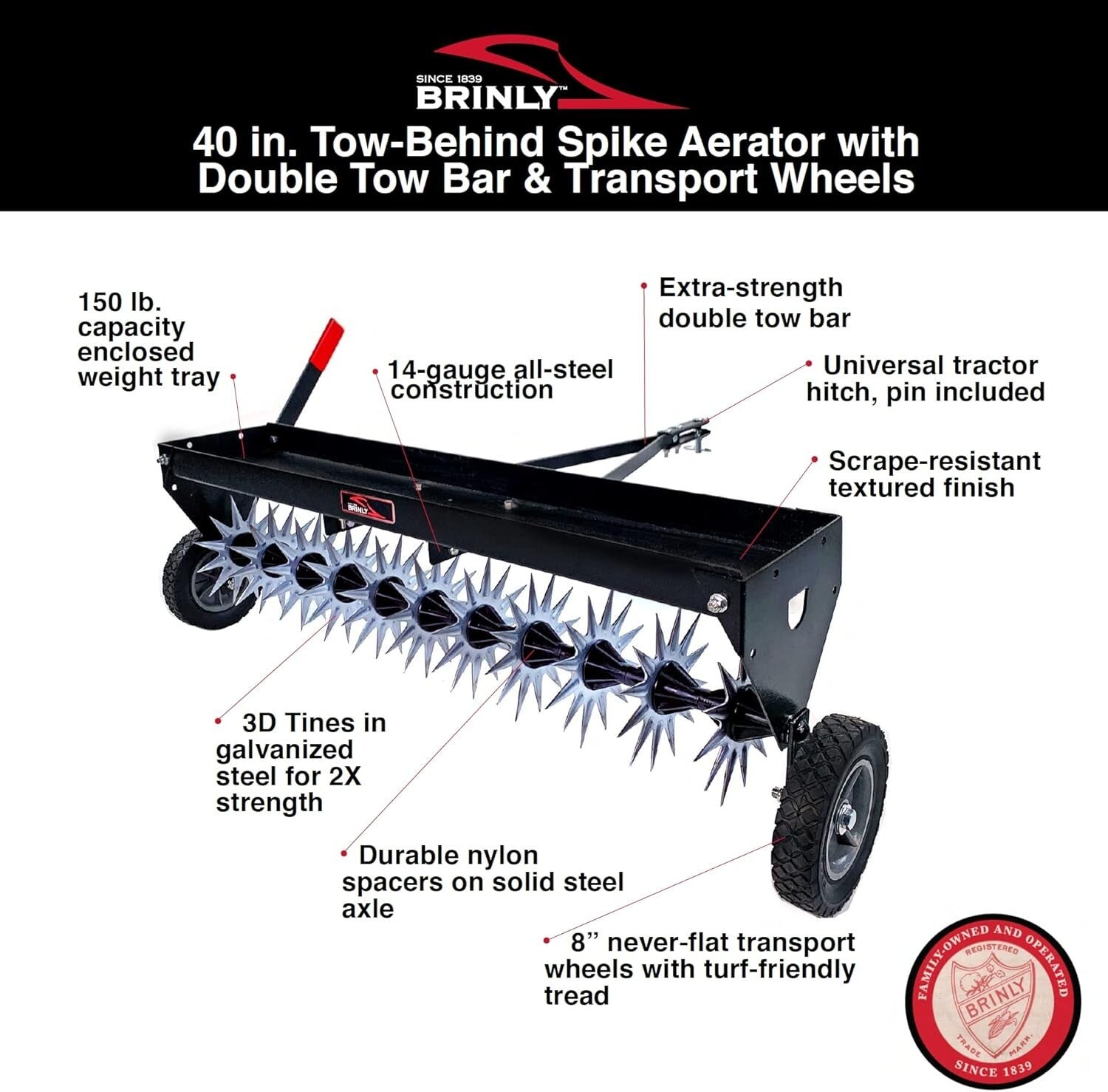 Efficient 40" Spike Aerator with All-Steel Design and Easy Transport Wheels