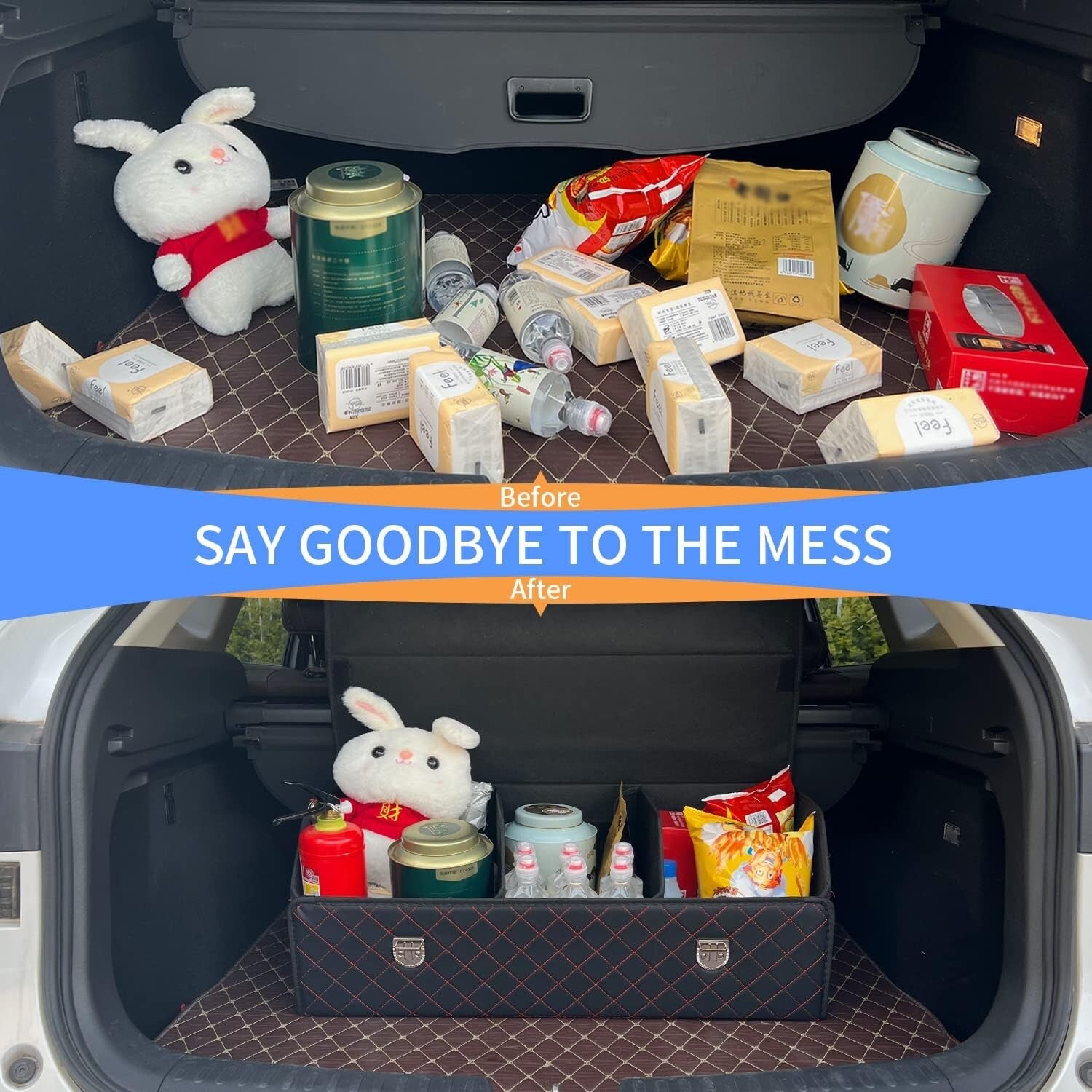 Elegant Foldable Black Red Grid Car Storage Box - Keeps Your Trunk Organized