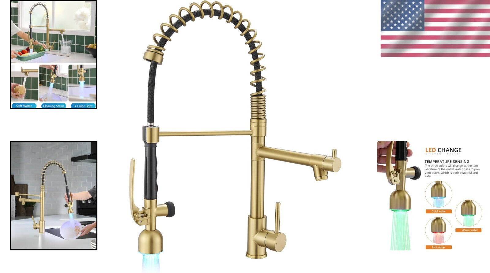 Single Handle Brushed Gold Kitchen Faucet with Temperature-Sensitive LED