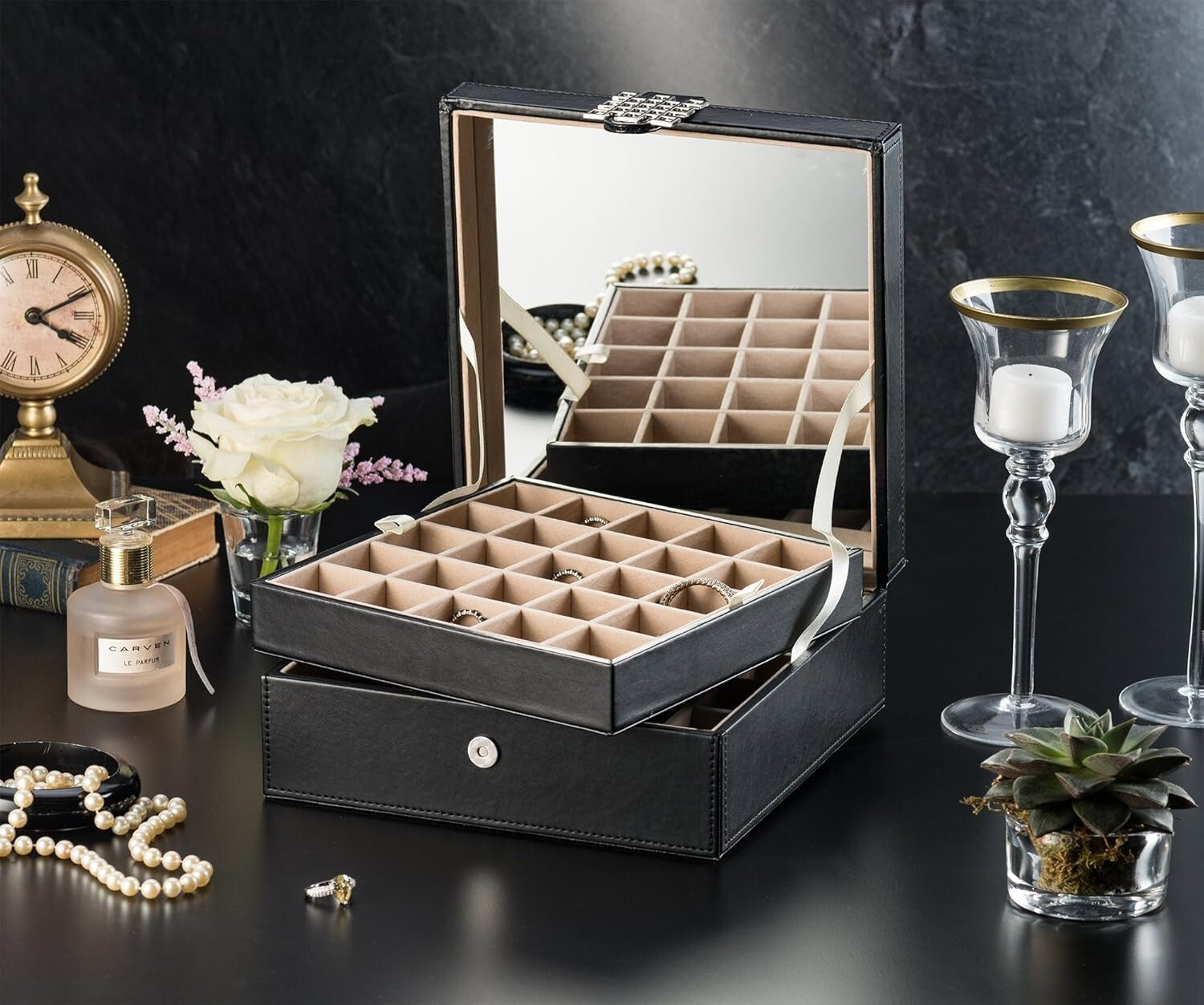 Elegant 50-Compartment Jewelry Organizer with Mirror - Perfect Earring Holder