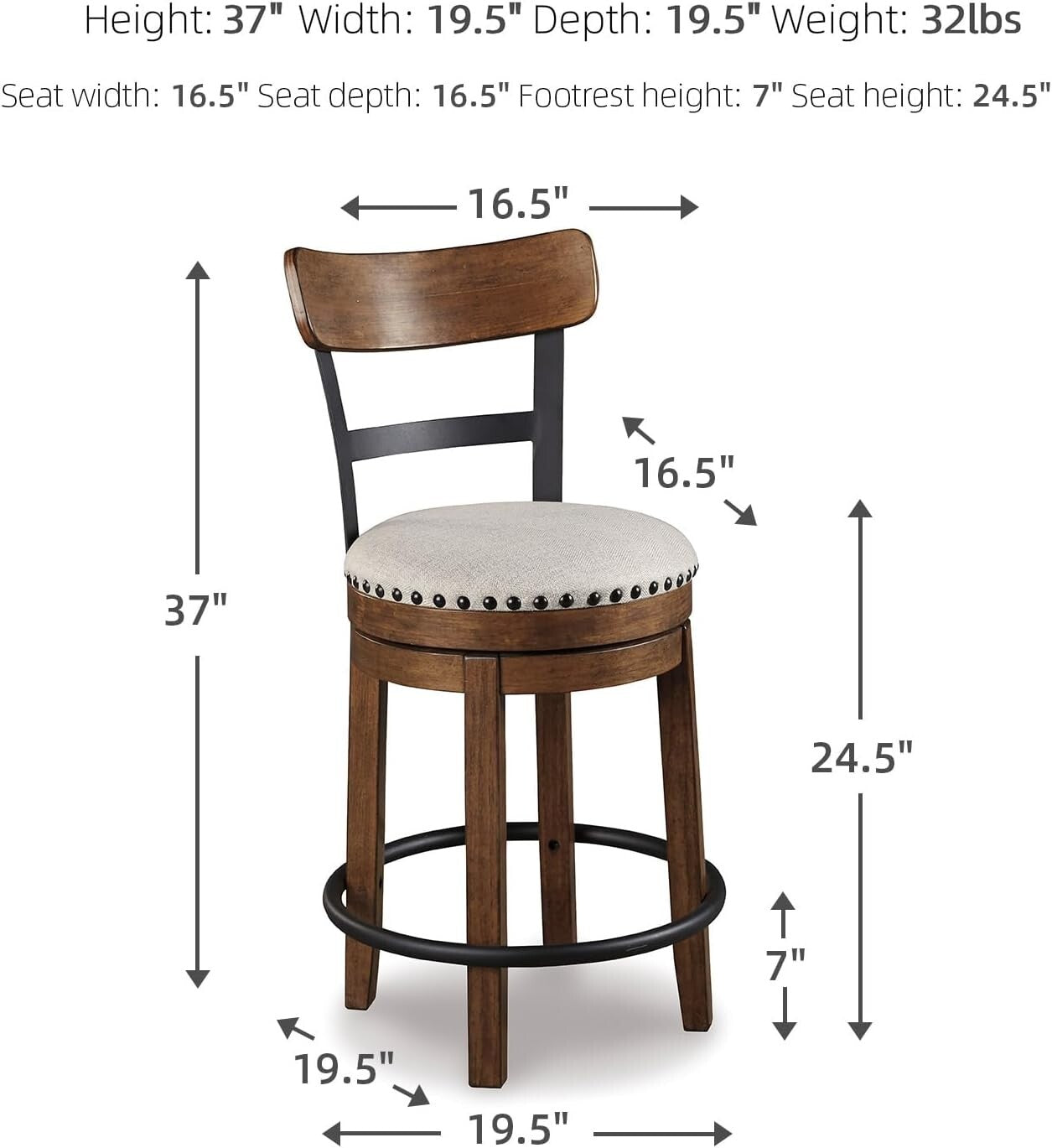 Charming 24.5” Brown Bar Stool - Rustic Farmhouse Design with Swivel Feature