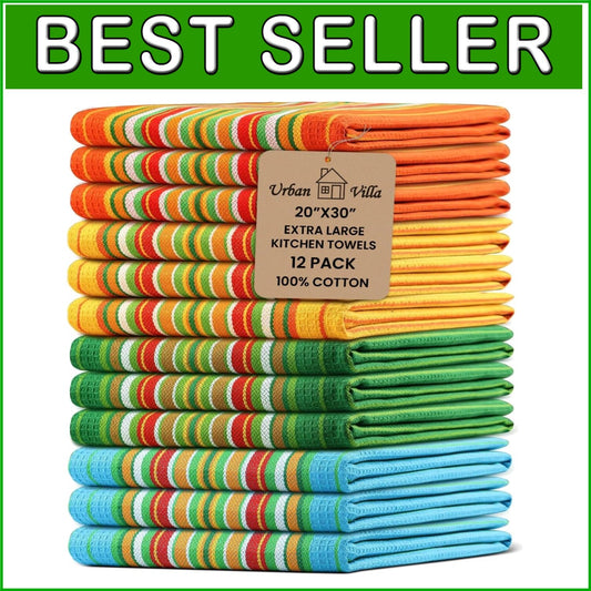 Absorbent 100% Cotton Kitchen Towels - 12 Pack, Reusable & Lint-Free Dish Cloths