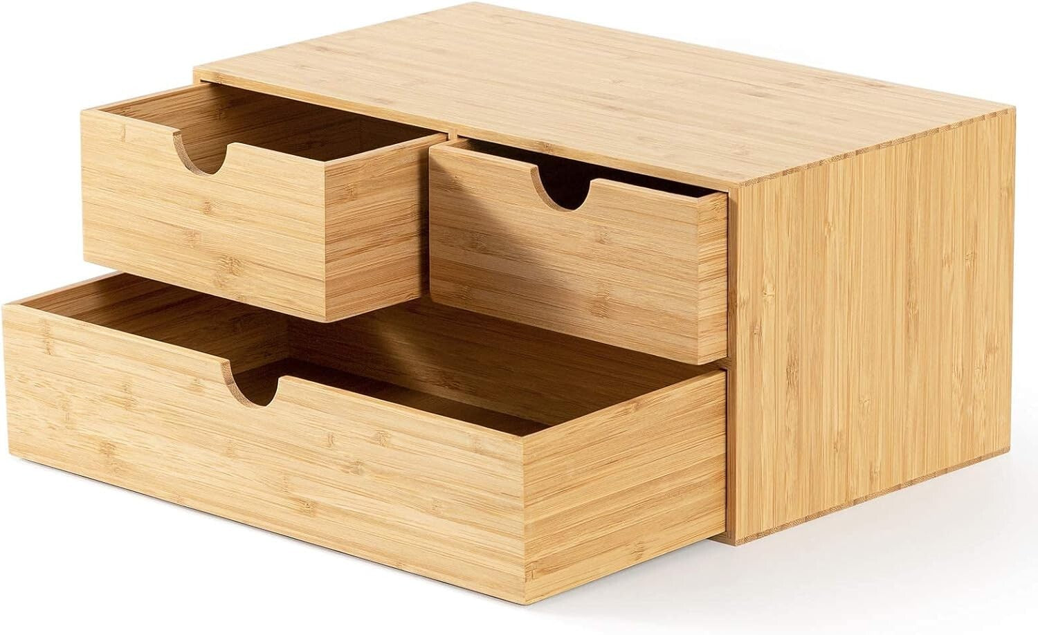 Sustainable Bamboo Mini Desktop Drawer Organizer - Fully Assembled, 3 Drawers