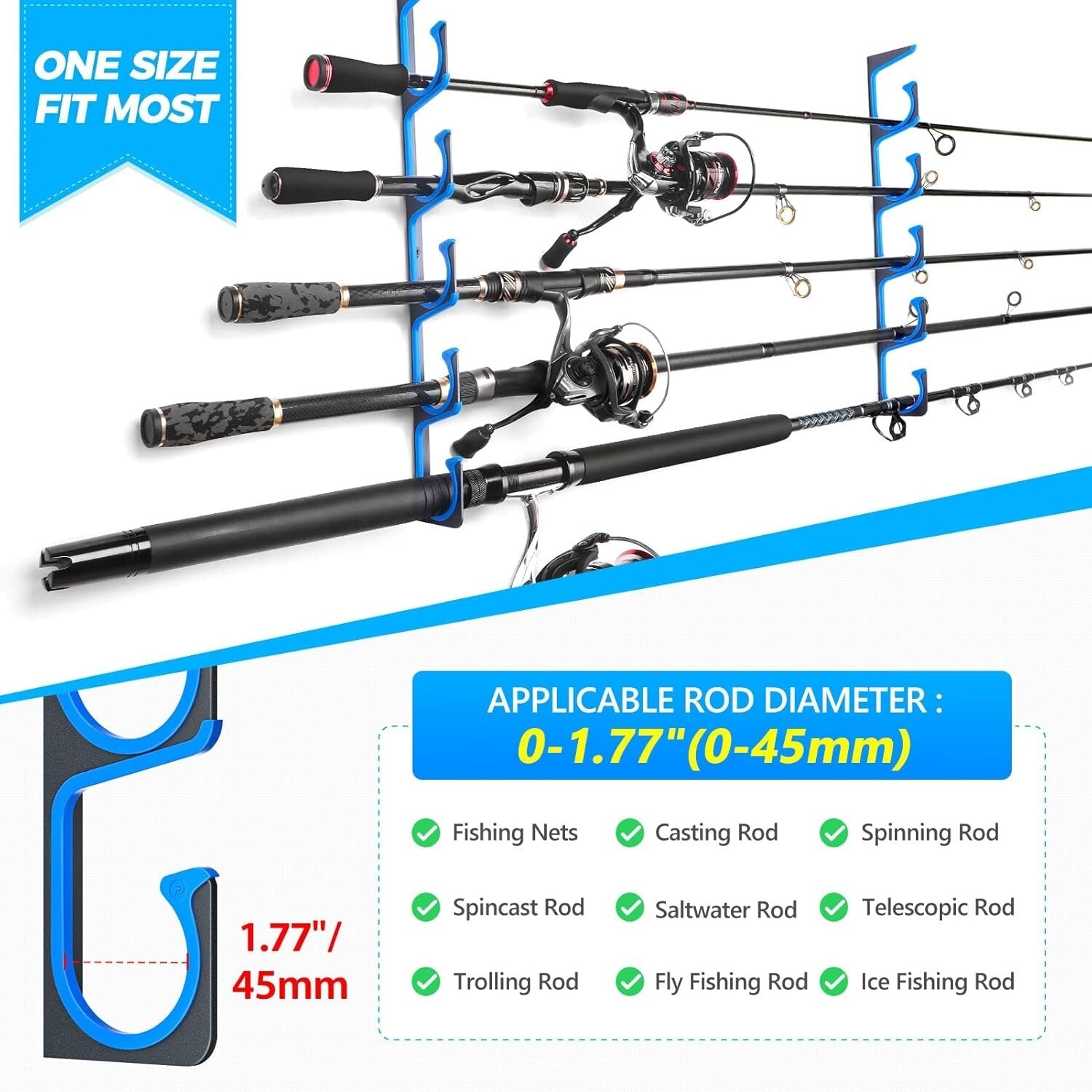 Space-Saving Garage Fishing Rack - Holds 5/10/20 Rods or Combos, Aluminum Finish