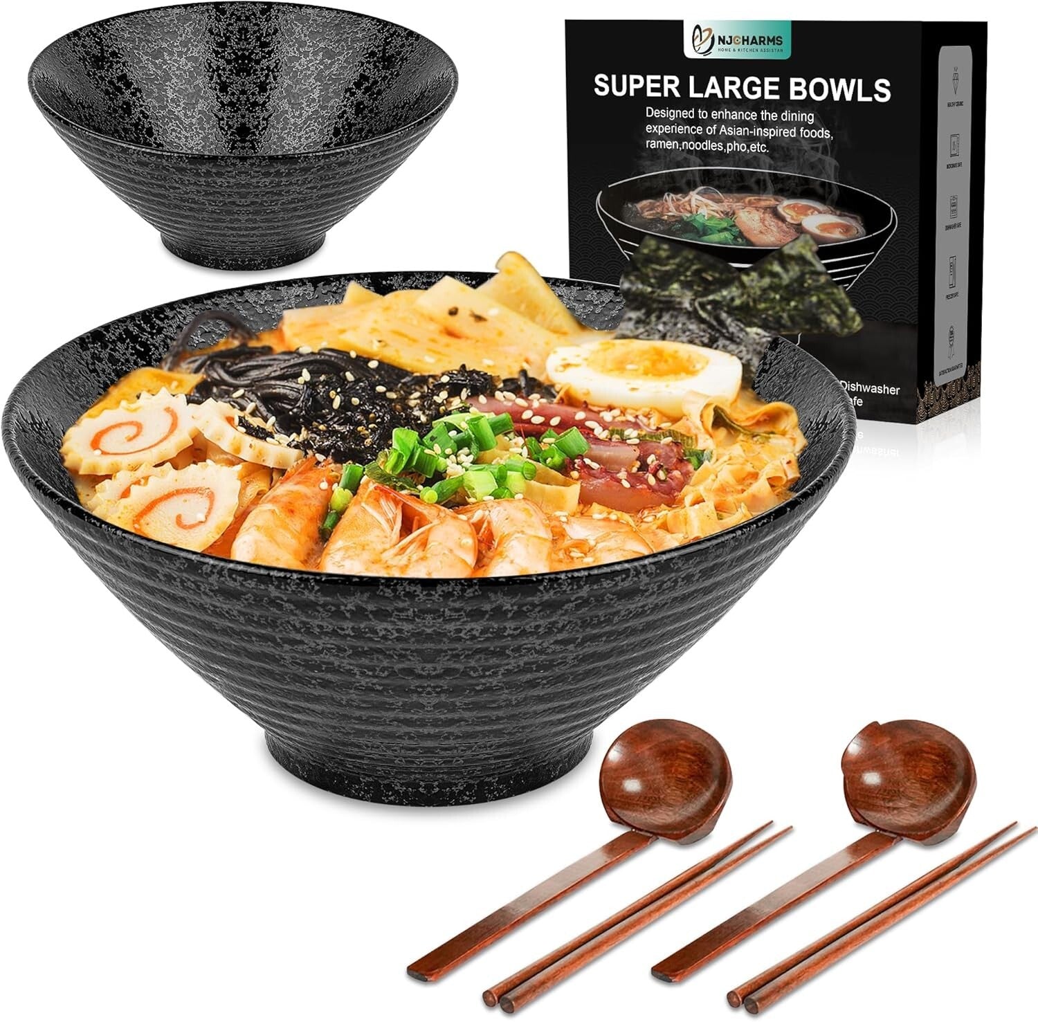 Authentic Japanese Ramen Bowl Set of 2 - 60 oz Ceramic with Spoons & Chopsticks