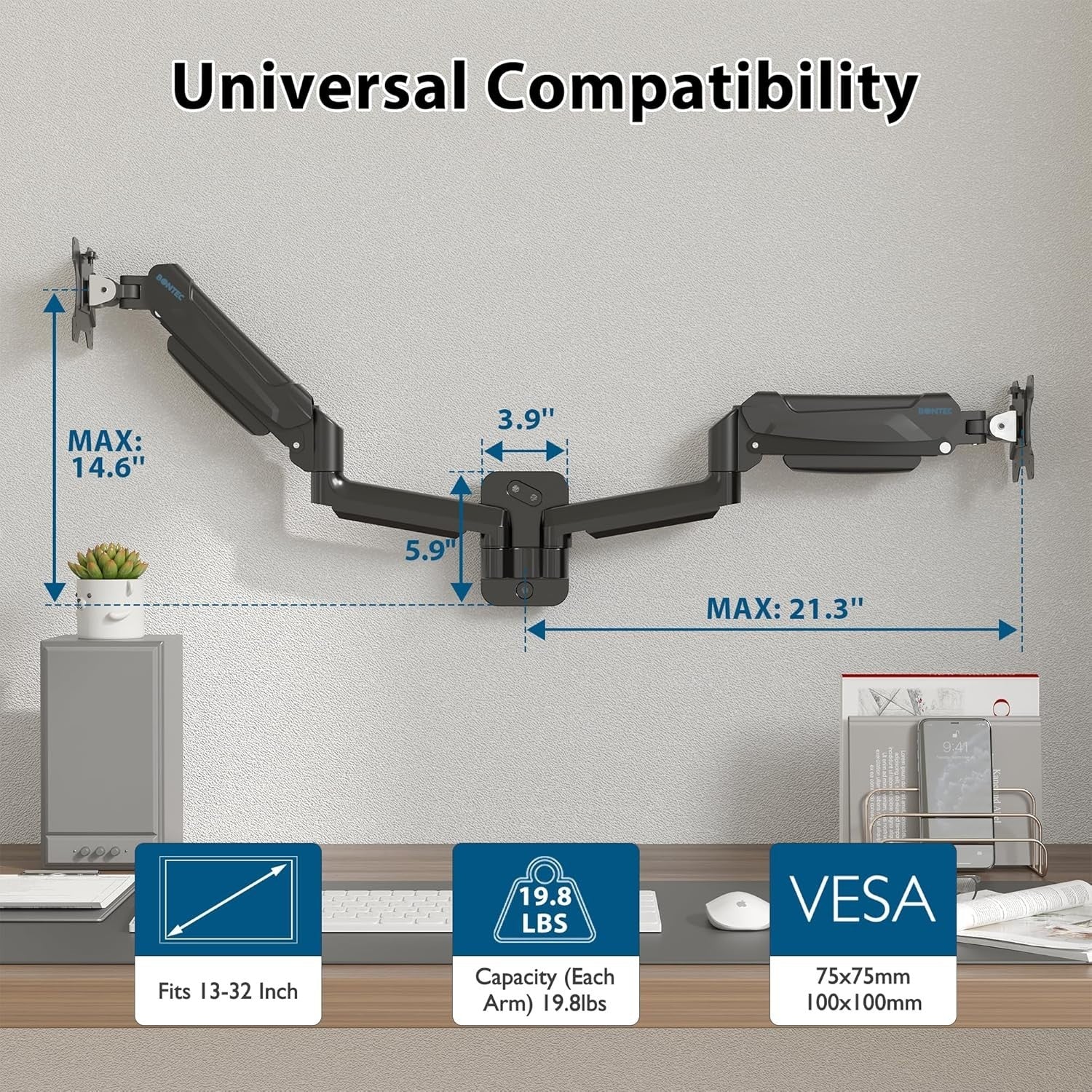 Easy-Install Wall Mount for Dual Monitors - Height Adjustable and Tilt Features