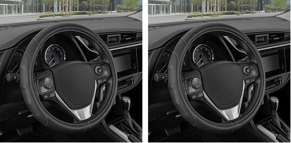 Durable 14-Inch Black Leather Steering Wheel Cover with Stylish Gray Stitching