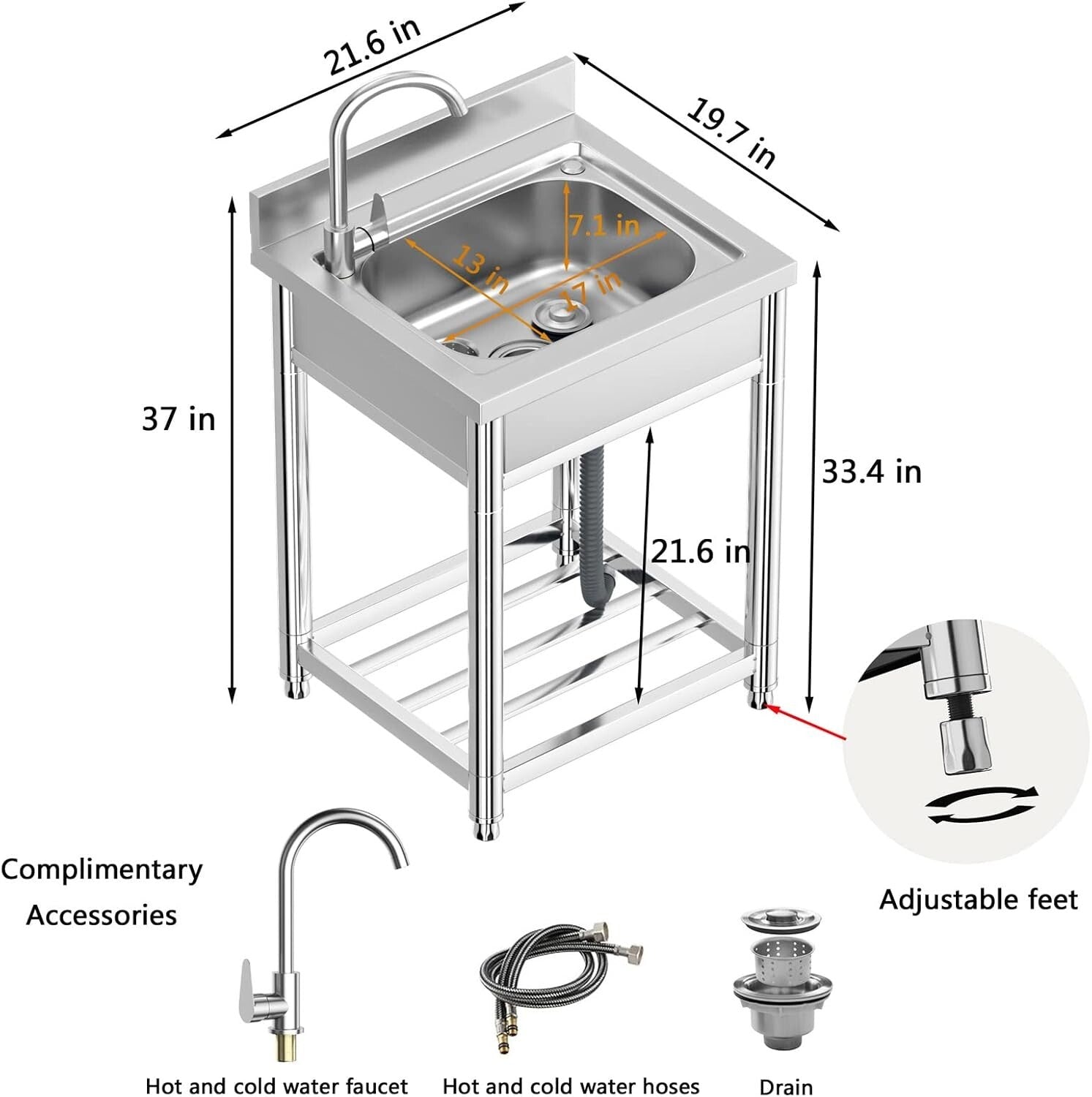 All-in-One 22in Stainless Steel Kitchen Sink Set with Integrated Storage Shelves