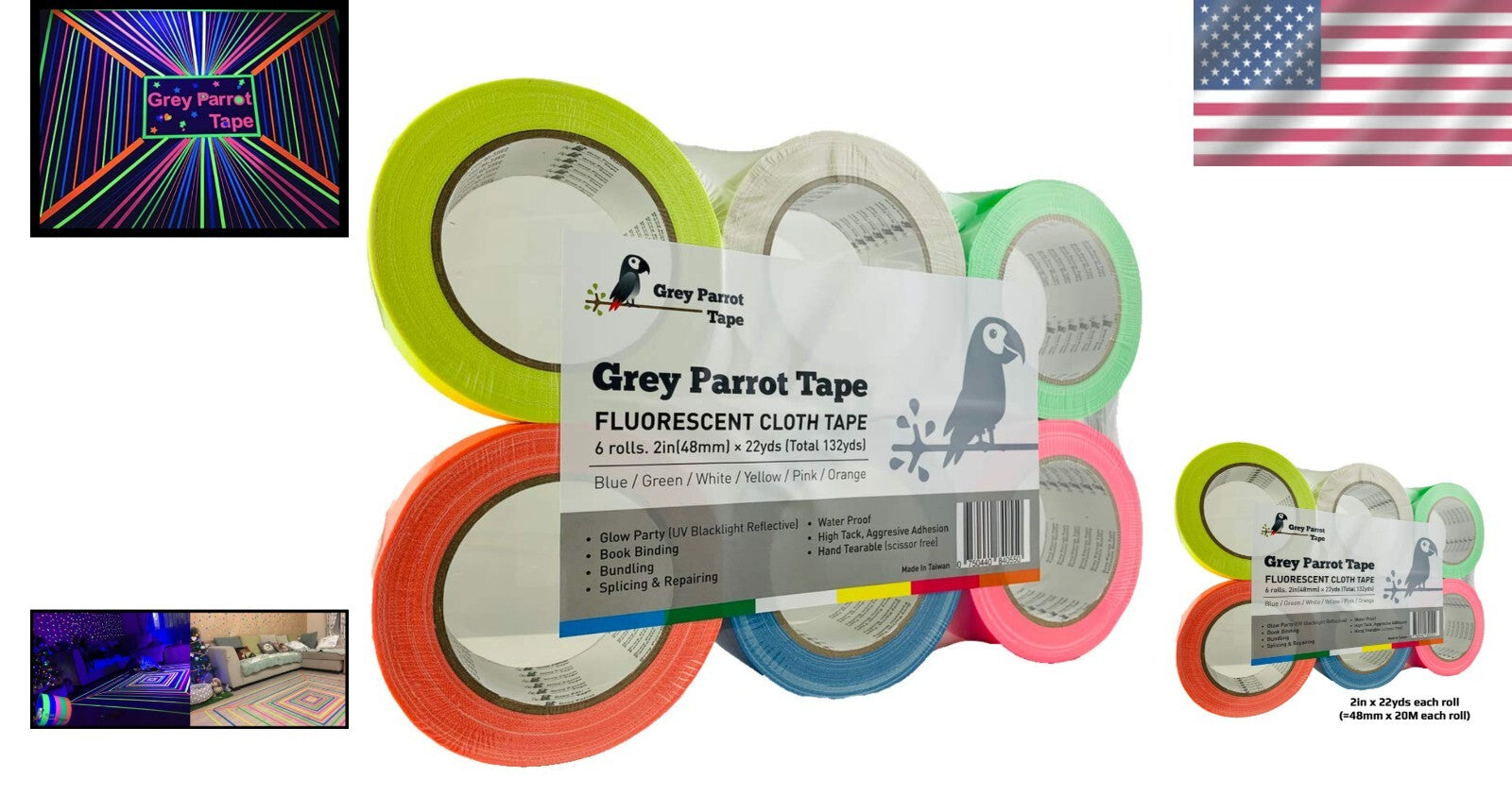 Vibrant Neon Glow Tape - 6-Pack, 66ft Rolls, ideal for DIY Decorations & Parties