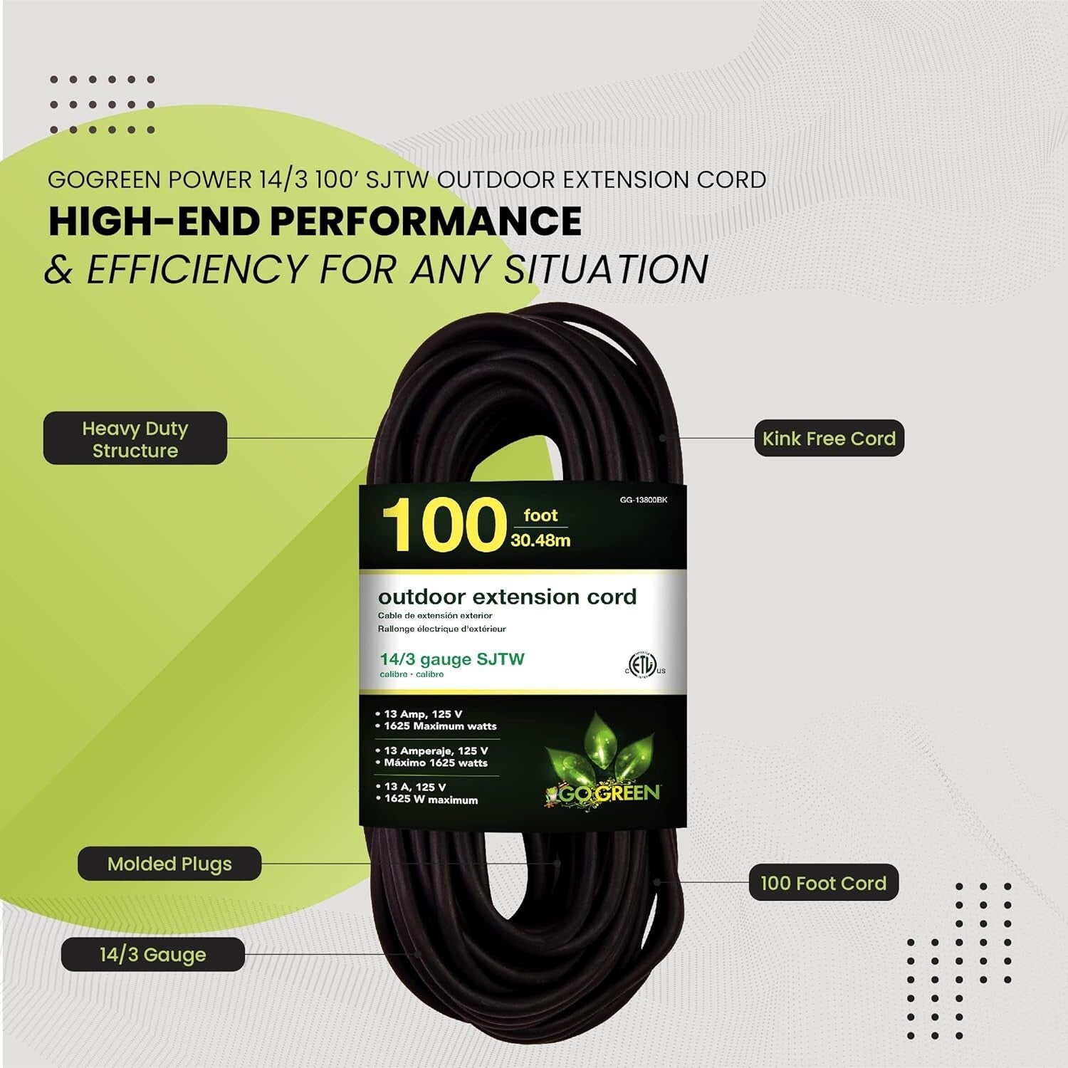 Moisture Resistant 100ft Black Extension Cord - 13A, 125V for Outdoor Tools