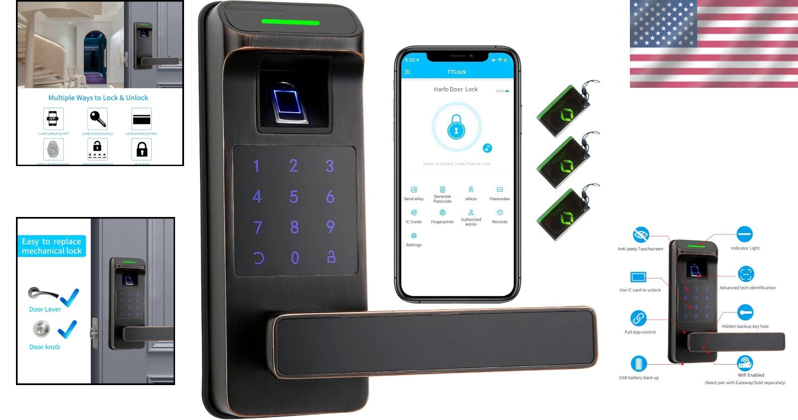 Heavy Duty Touchscreen Keyless Entry Lock with Fingerprint Sensor - Aged Bronze