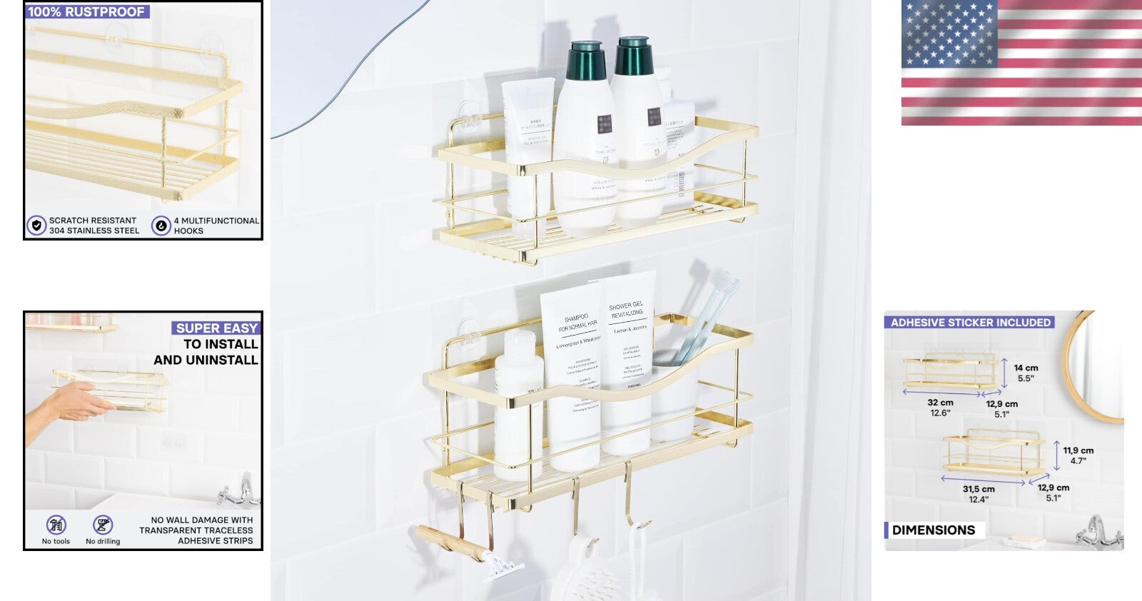 Elegant Gold Stainless Steel Self-Adhesive Shower Caddy - Wall Shelf Organizer