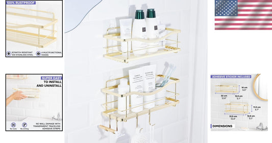 Elegant Gold Stainless Steel Self-Adhesive Shower Caddy - Wall Shelf Organizer