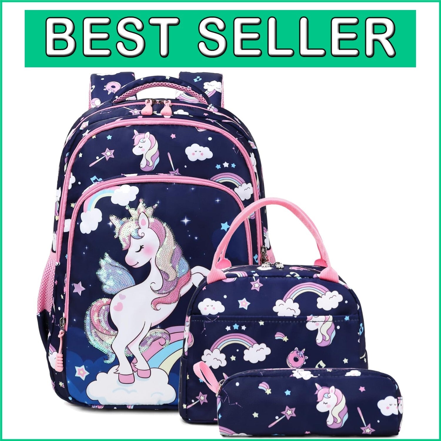 Adjustable Unicorn Backpack for Girls - 3pcs School Set with Insulated Lunch Bag