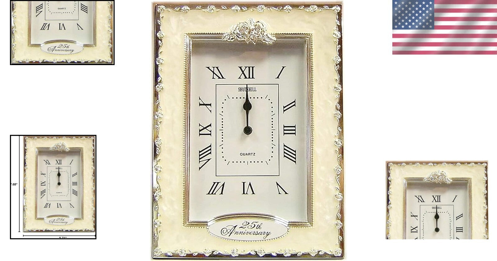 Beautiful Free-Standing 25th Anniversary Quartz Clock - Silver Floral Design