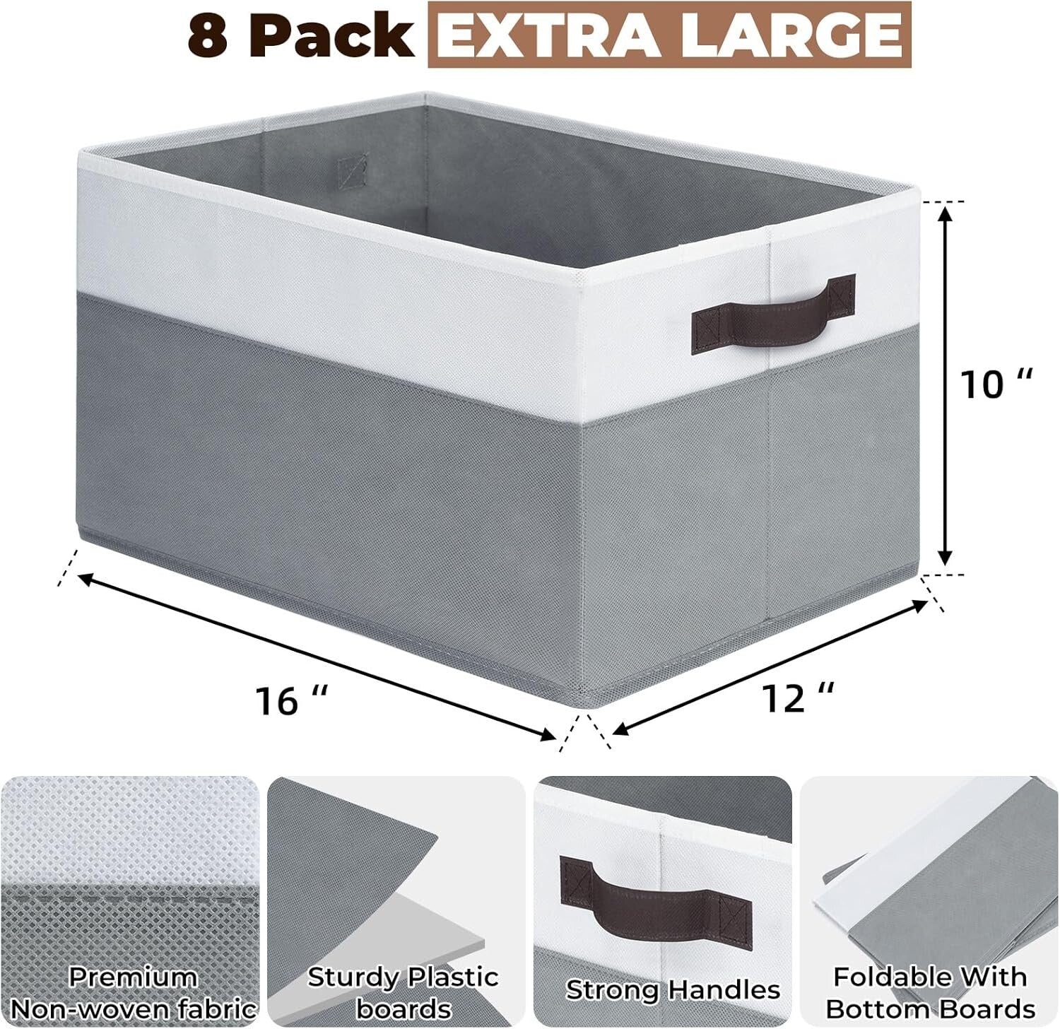 8 Pack Extra Large Storage Bins for Stylish Closet Organization - White & Grey