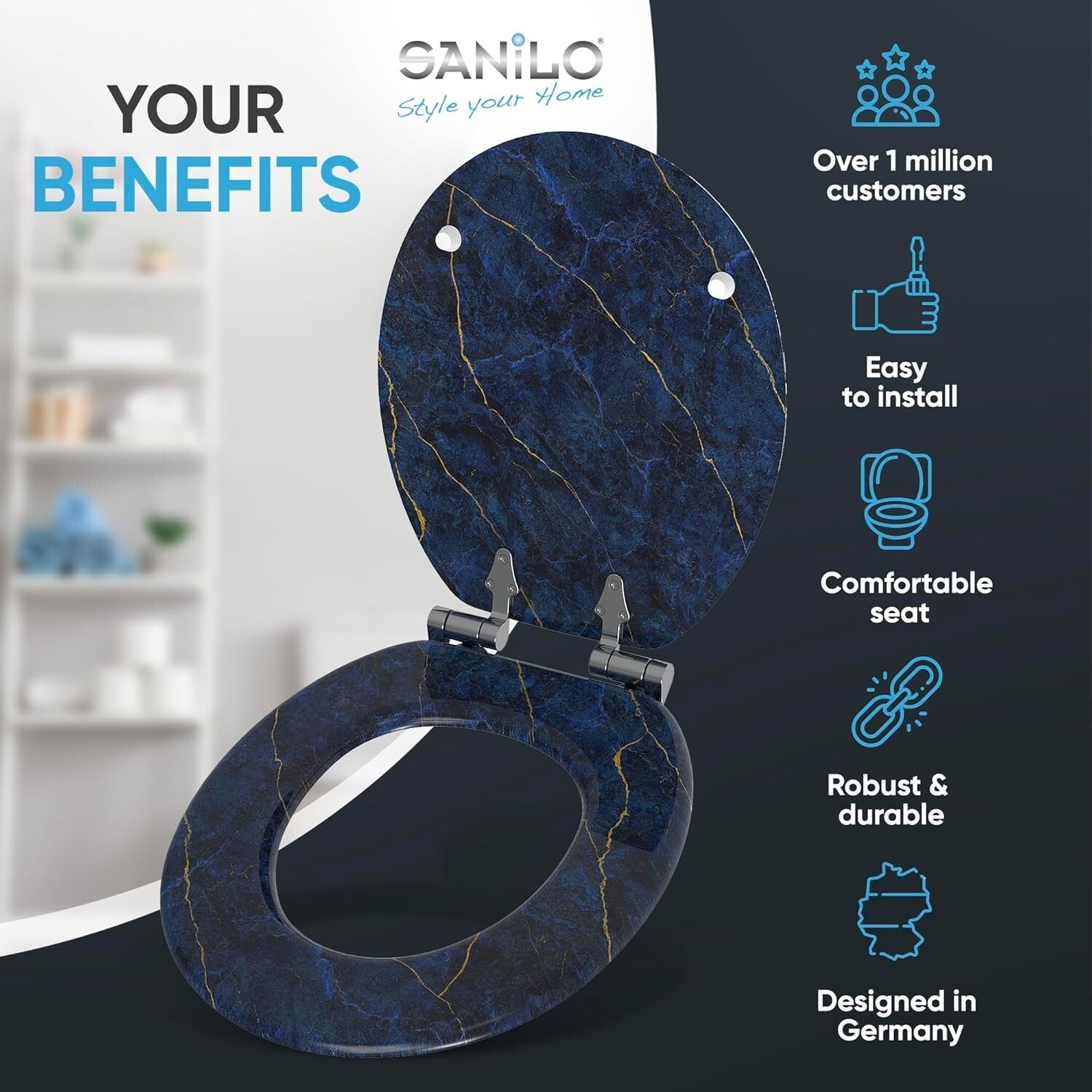 Elegant Soft Close Toilet Seat with Marble Dark Blue Design - Adjustable Fit