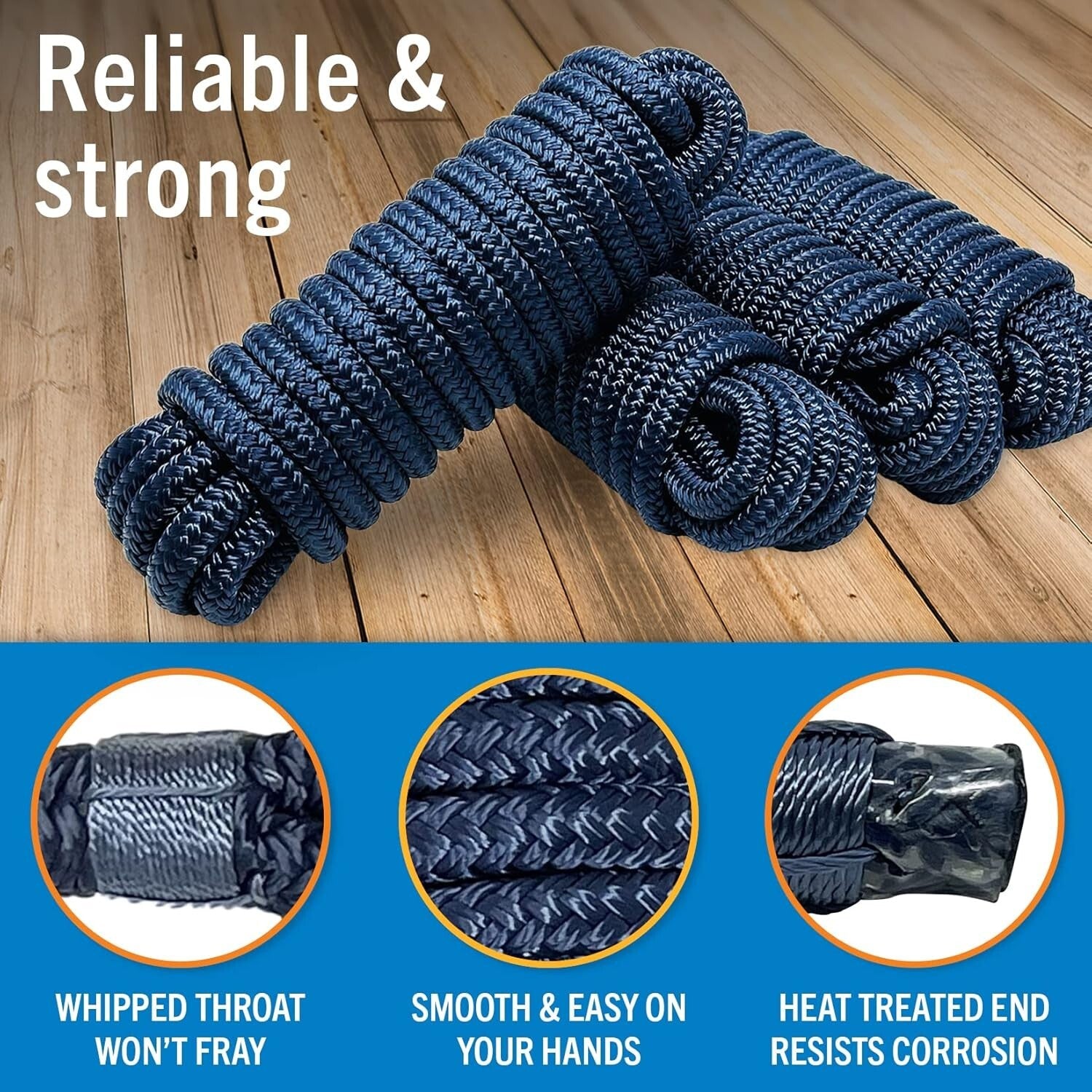 Saltwater Resistant Braided Docking Lines - 1/2 Inch Nylon, 25FT in Navy - 4PK