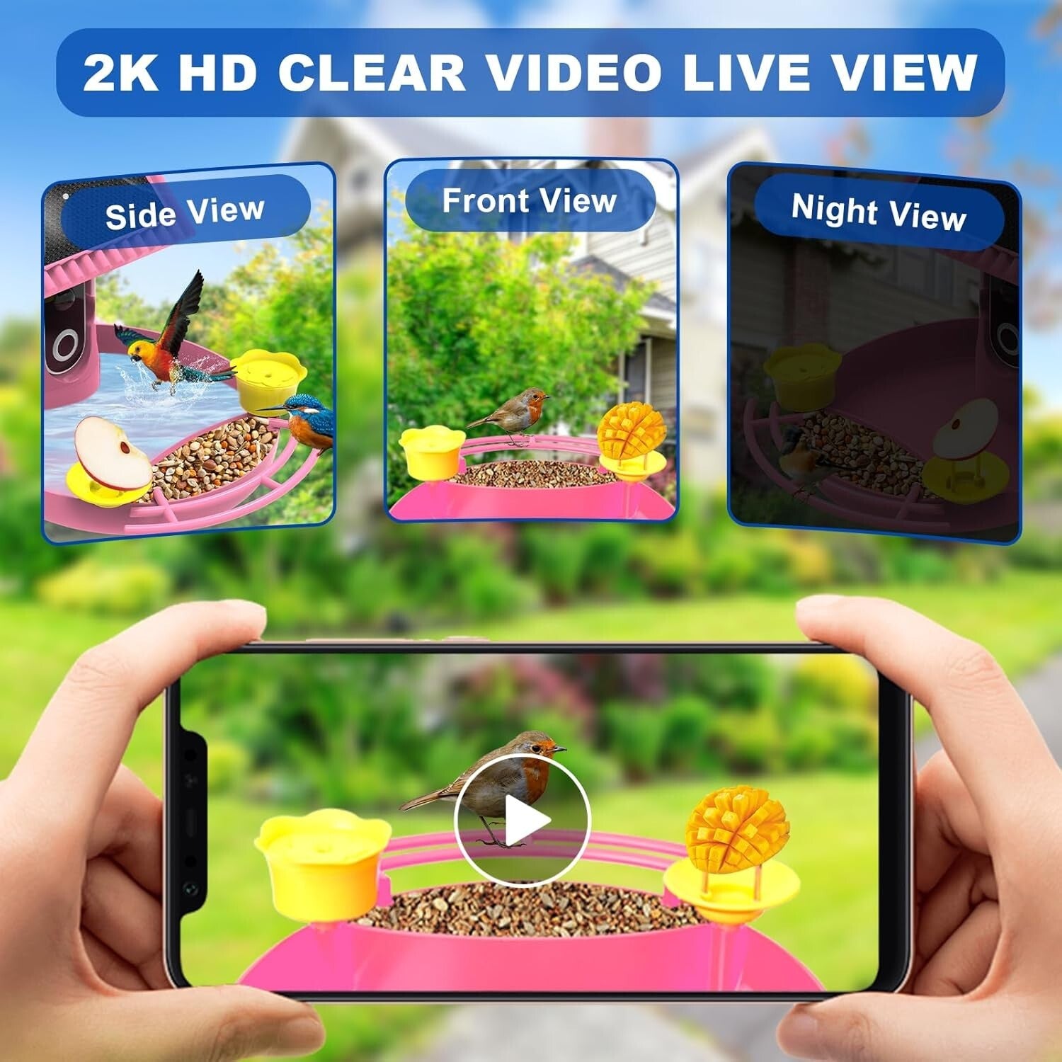 Smart Solar-Powered Bird Feeder with AI Recognition & Built-In Camera – Pink