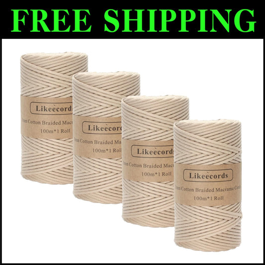 4 Skeins of Apricot 3mm Braided Cotton Macrame Cord for Creative Crafts