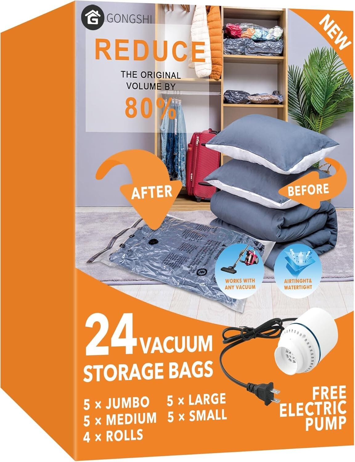 Space-Saving 24 Vacuum Storage Bags with Electric Pump - 80% Space Reduction