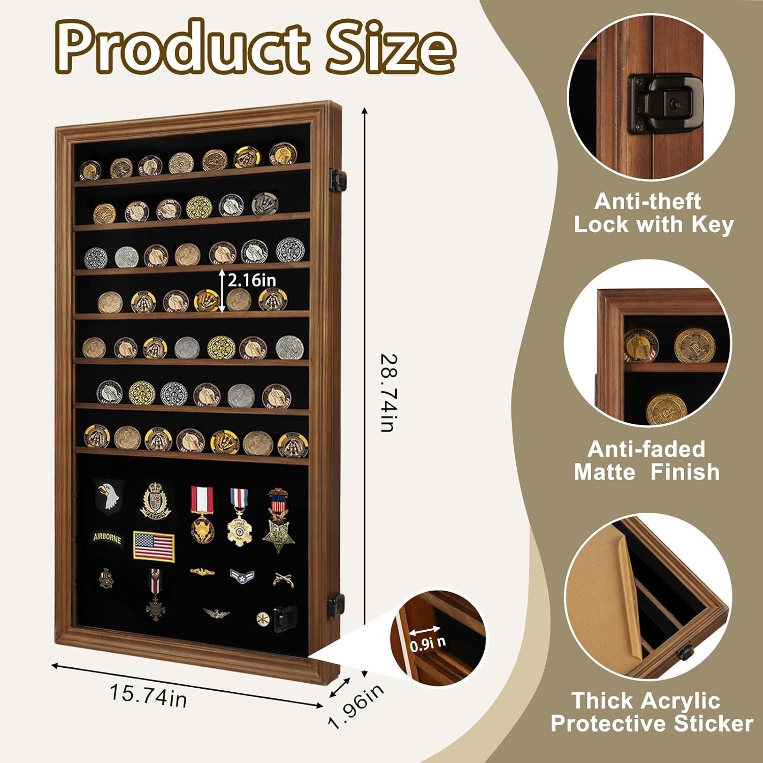 Versatile Lockable Display Case for Coins, Medals & Collectibles - Large Walnut