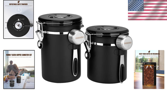 Airtight Coffee Canister Set, 22oz + 16oz with CO2 Valves & Date Tracker - Black