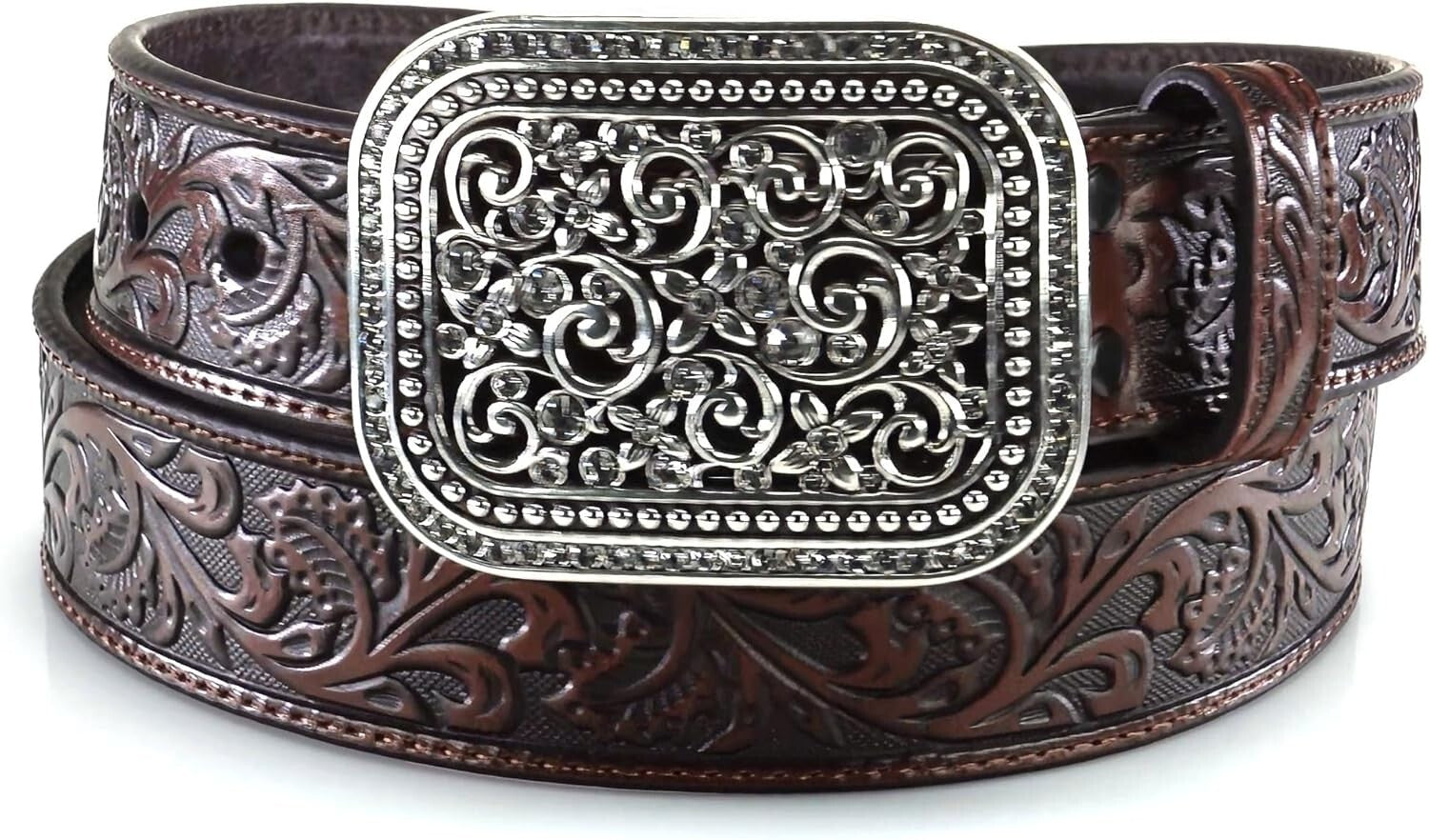 Comfortable Brown Embossed Leather Belt with Rhinestones for Women - 1.5" Wide