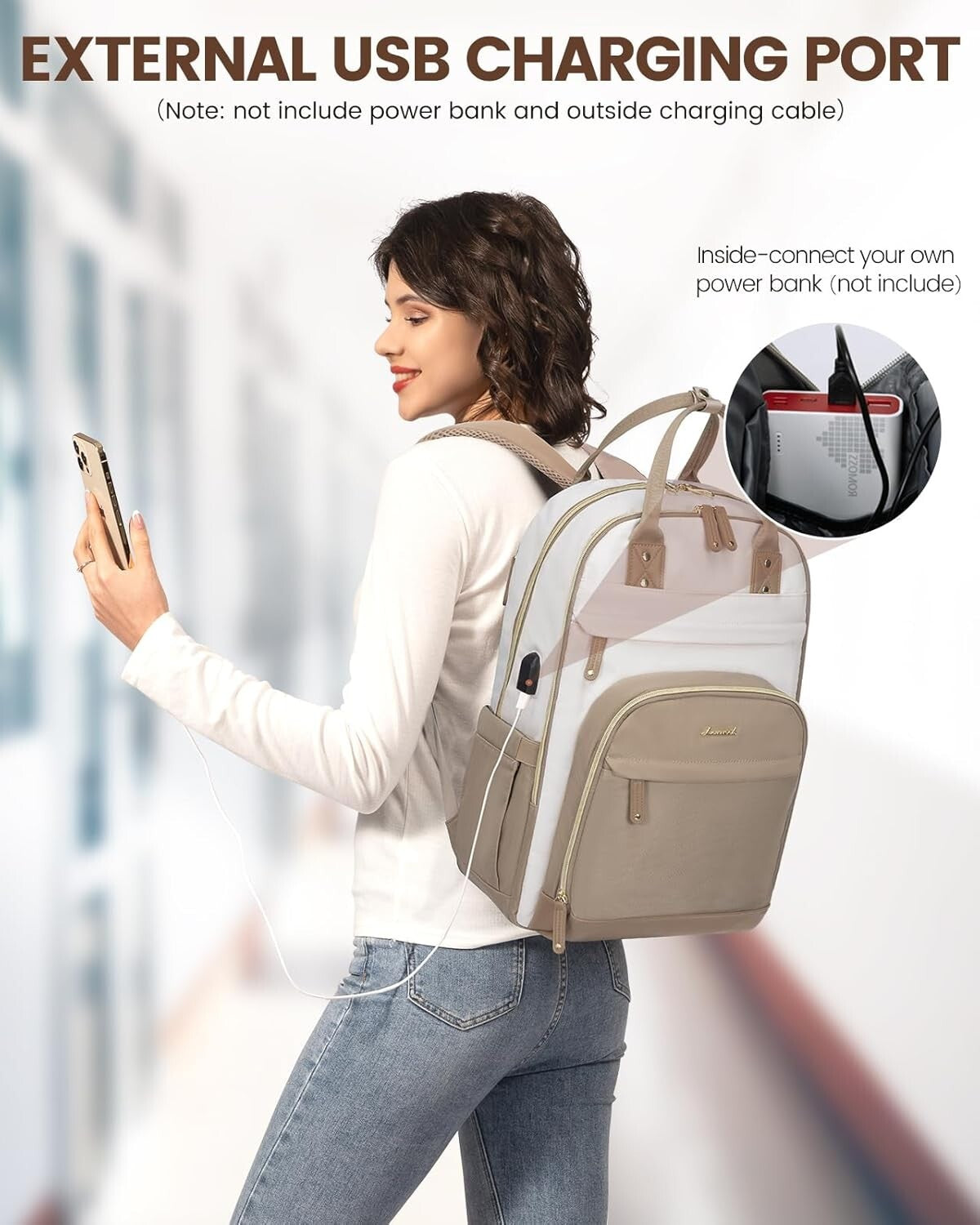 Durable USB Charging Backpack for 15.6 Inch Laptop - Water-Resistant Beige-Khaqi