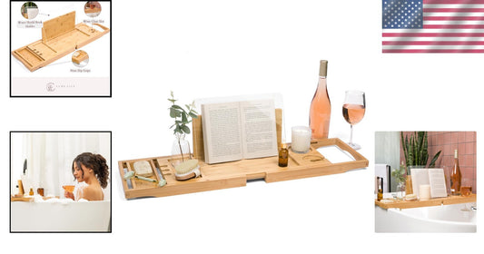 Extendable Waterproof Bamboo Bathtub Tray with Wine Glass Holder for Relaxation