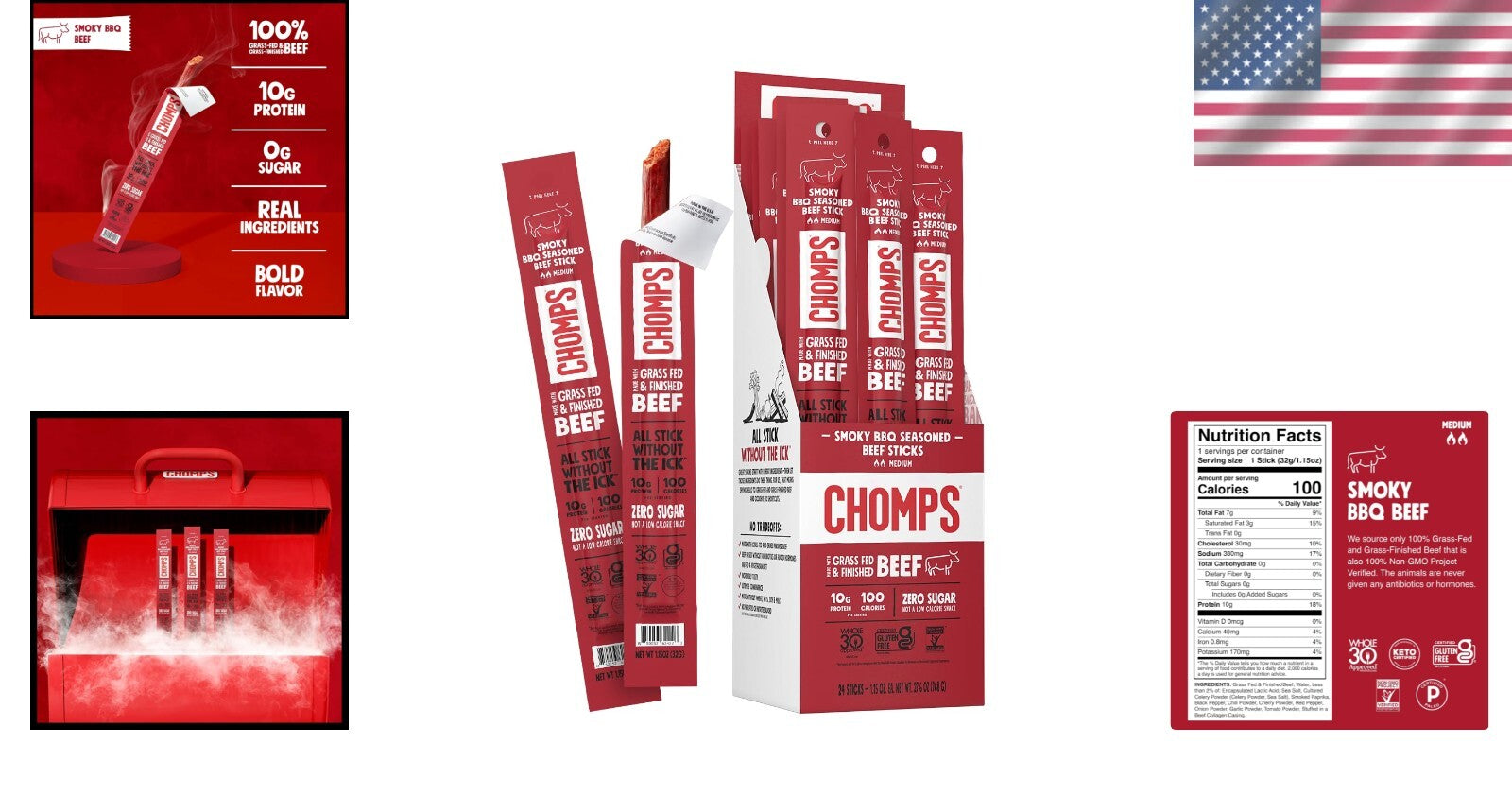 High-Protein Grass-Fed Beef Jerky Snack Sticks - Bold Smoky BBQ Flavor, 24-Pack