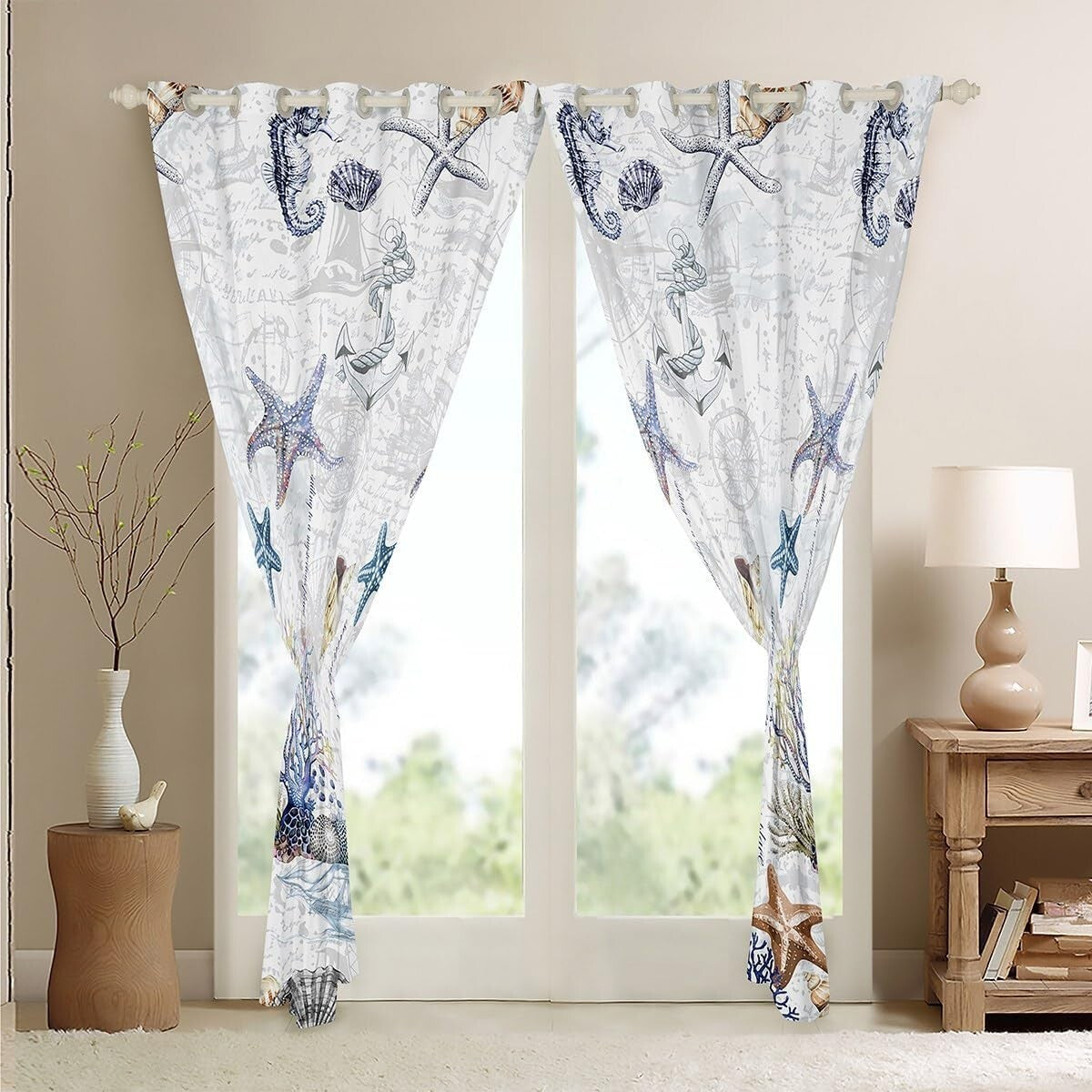 Playful Marine Curtains Set, Blackout Function in Starfish Design, 52x96 Inches