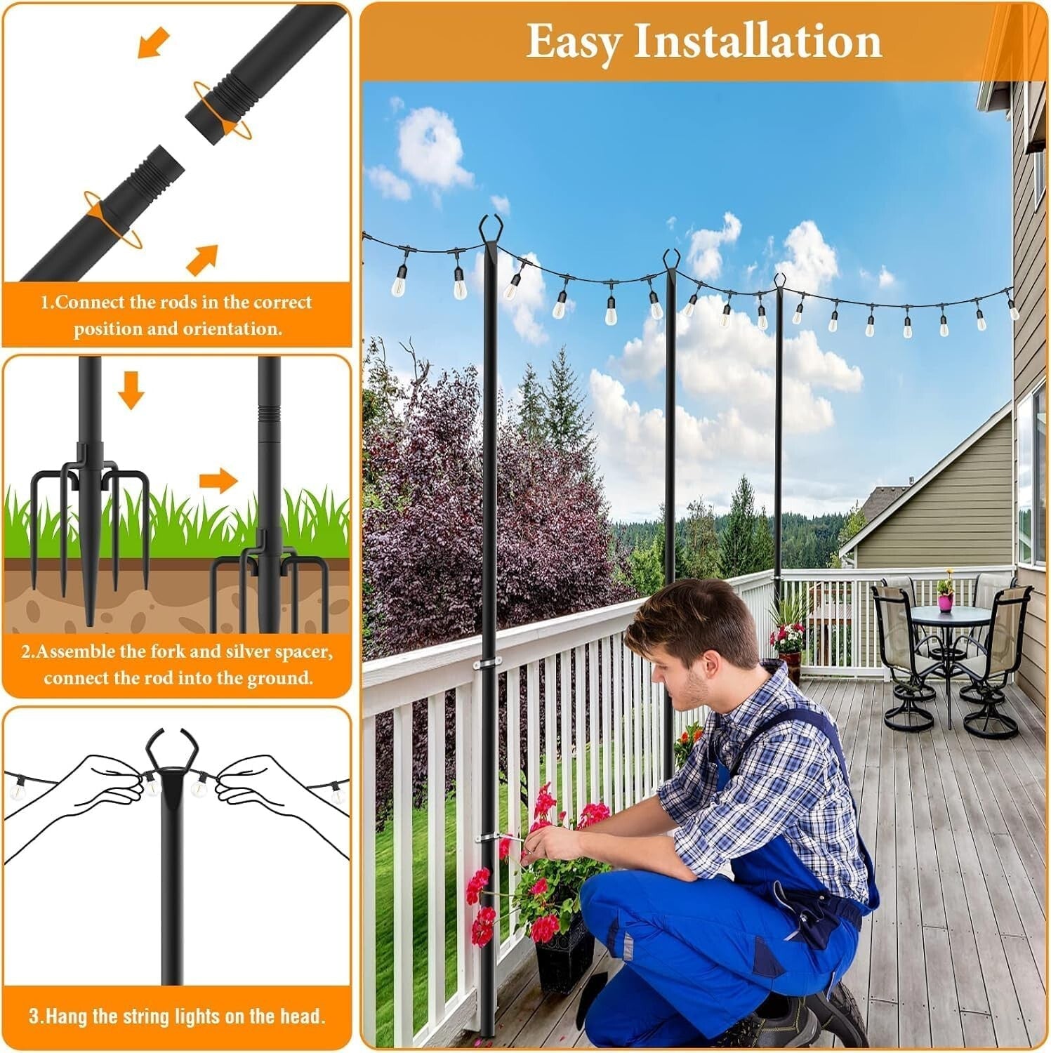 Metal String Light Poles for Outdoor Lighting - Waterproof & All Season Use