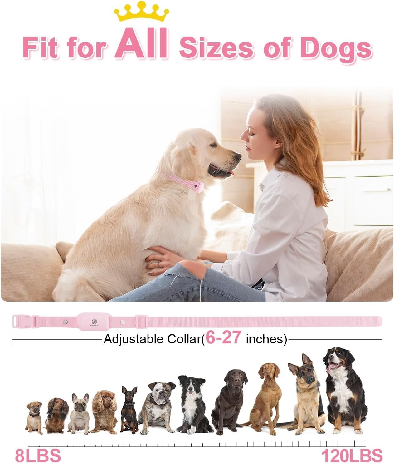 Light Pink Dog Training Collar with Beep, Vibration & Shock - Adjustable Size