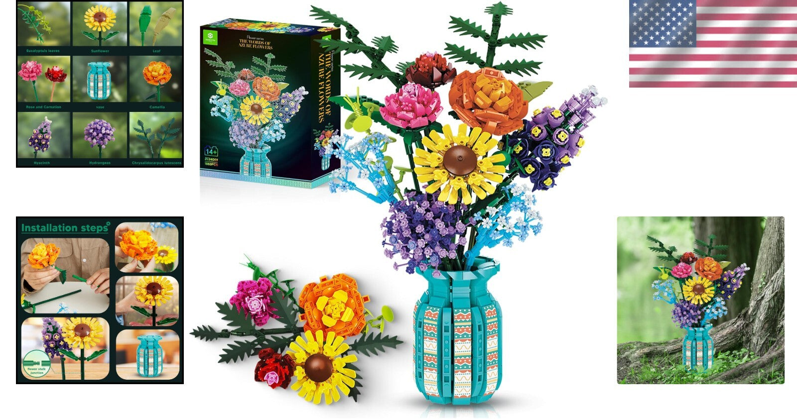 1853pcs Building Blocks Flower Bouquet Set with Adjustable Vase - Perfect Gift