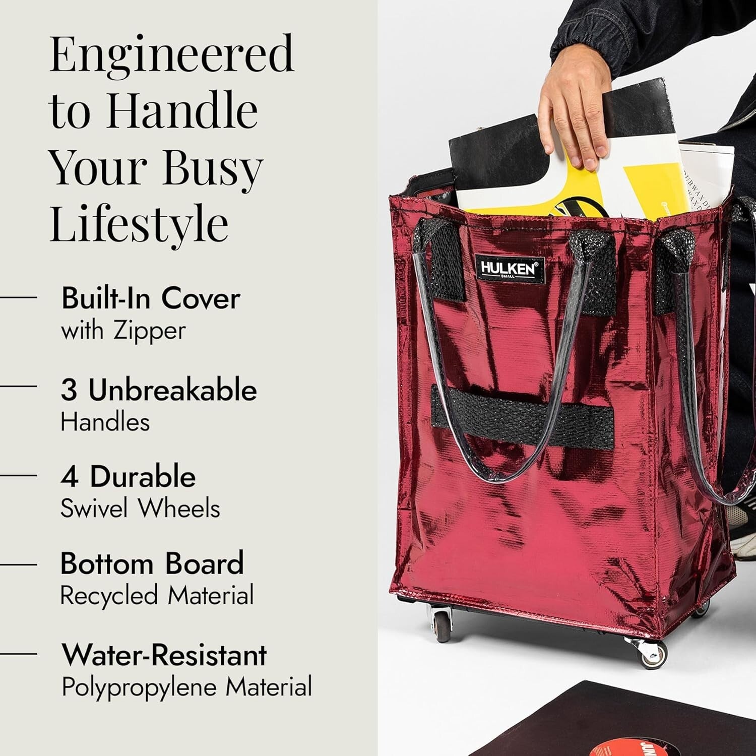 Effortless Cosmic Red Grocery Bag with Swivel Wheels - Folds Flat for Storage