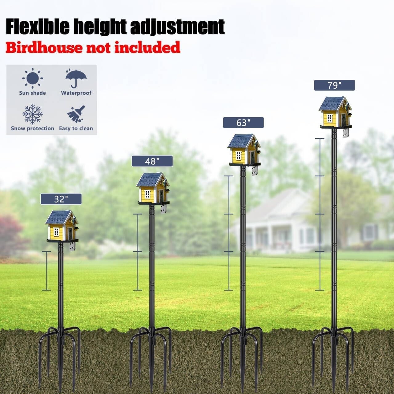 79-Inch Heavy Duty Bird Feeder Pole with Stable 5-Prong Base - Adjustable Black