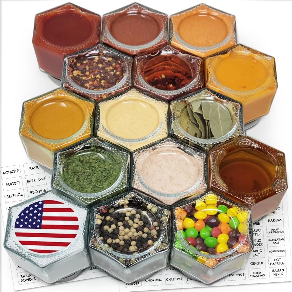 Airtight Magnetic Spice Containers - 4oz Hexagon Jars with Labels and Shakers