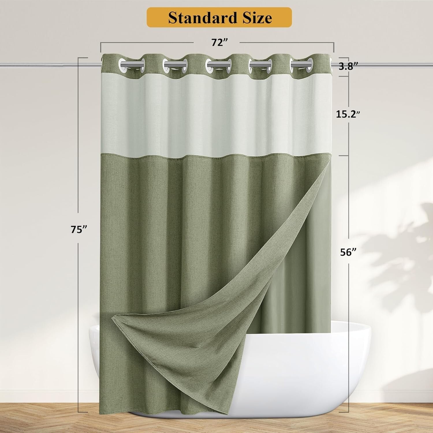 Chic Sage Green Shower Curtain 72x75 - No Hooks, Water-Repellent with Snap Liner