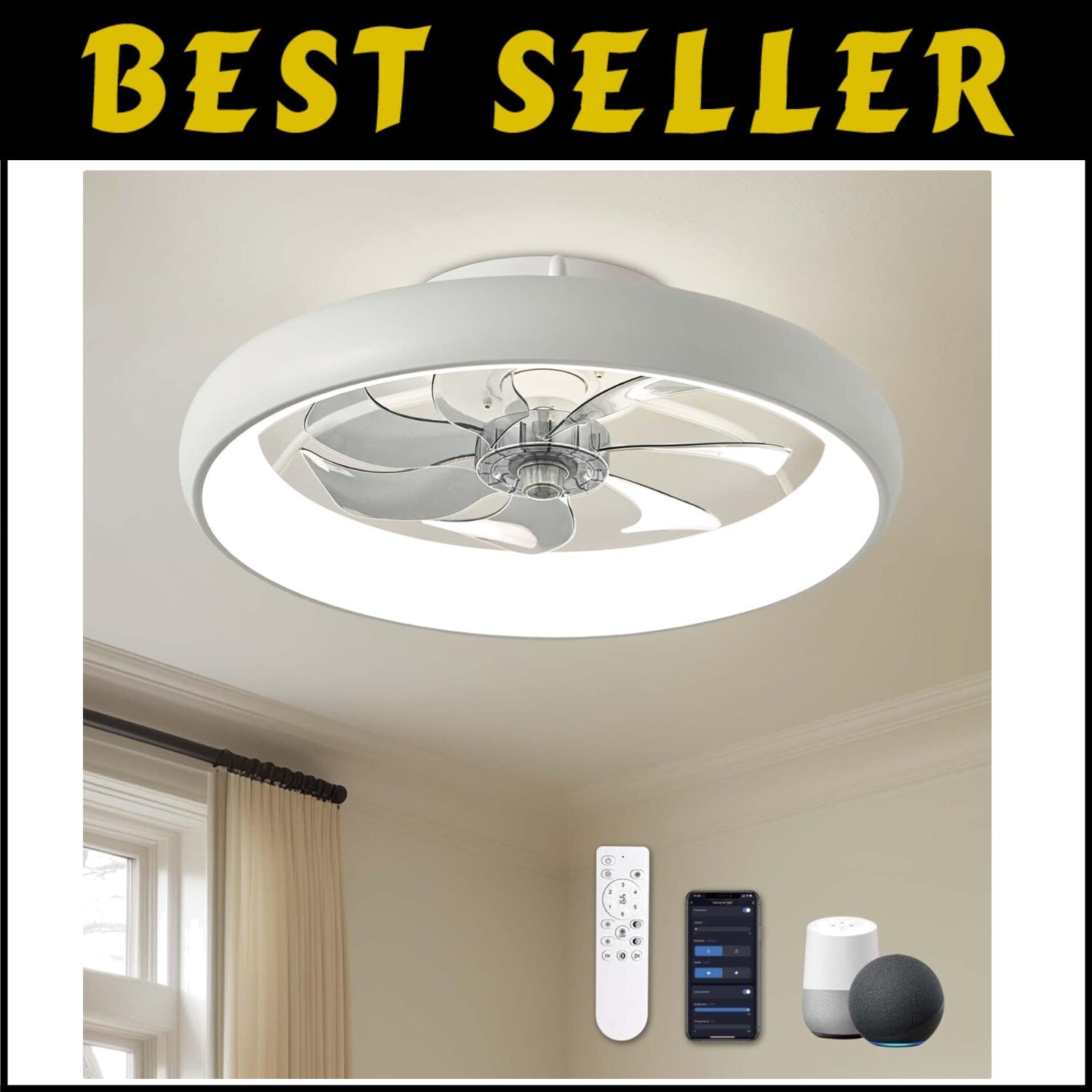 20" Modern Flush Mount Ceiling Fan with LED Lights - Voice Control & 6 Speeds
