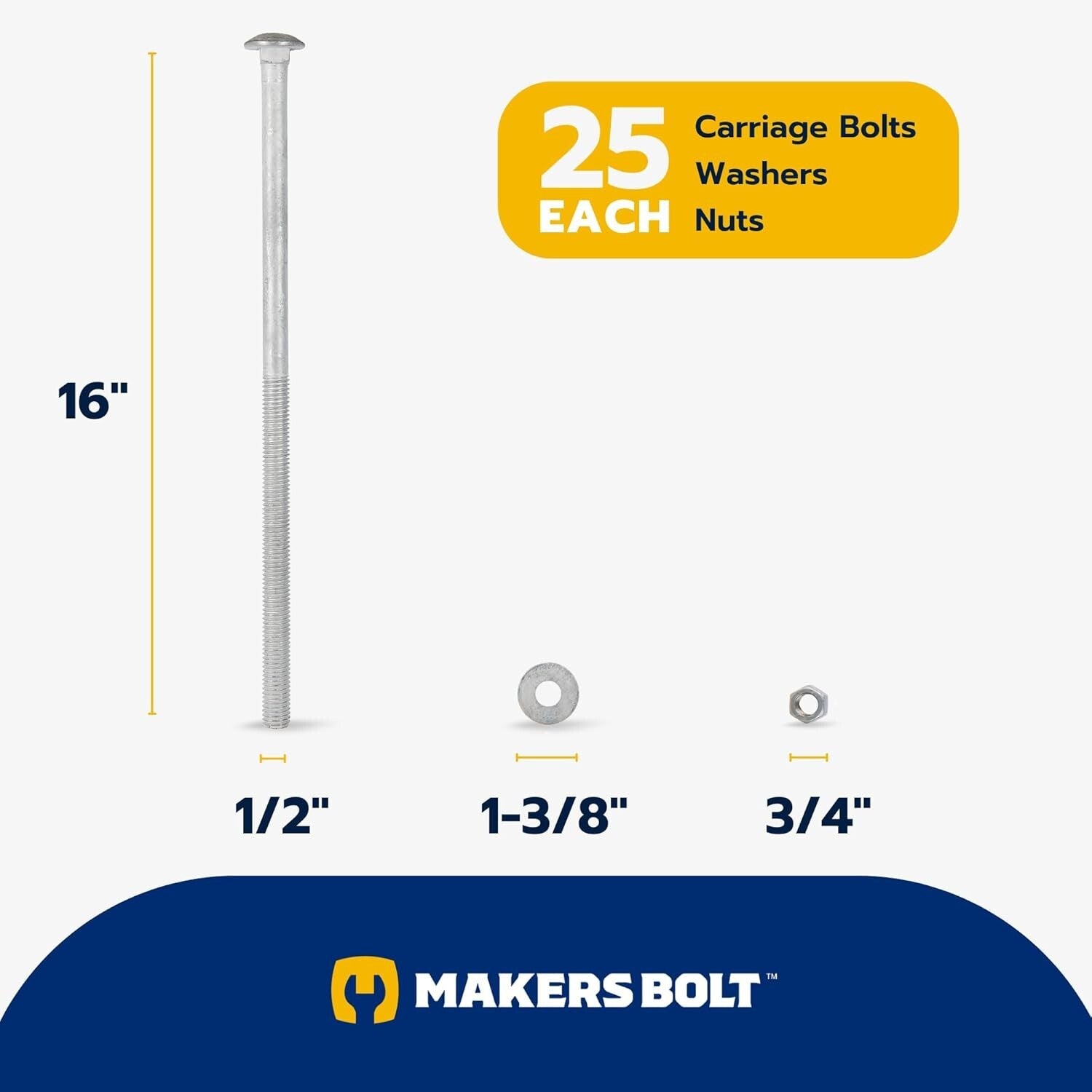 1/2" x 16" Heavy-Duty Carriage Bolt Kit - Galvanized with 25 Washers & Nuts
